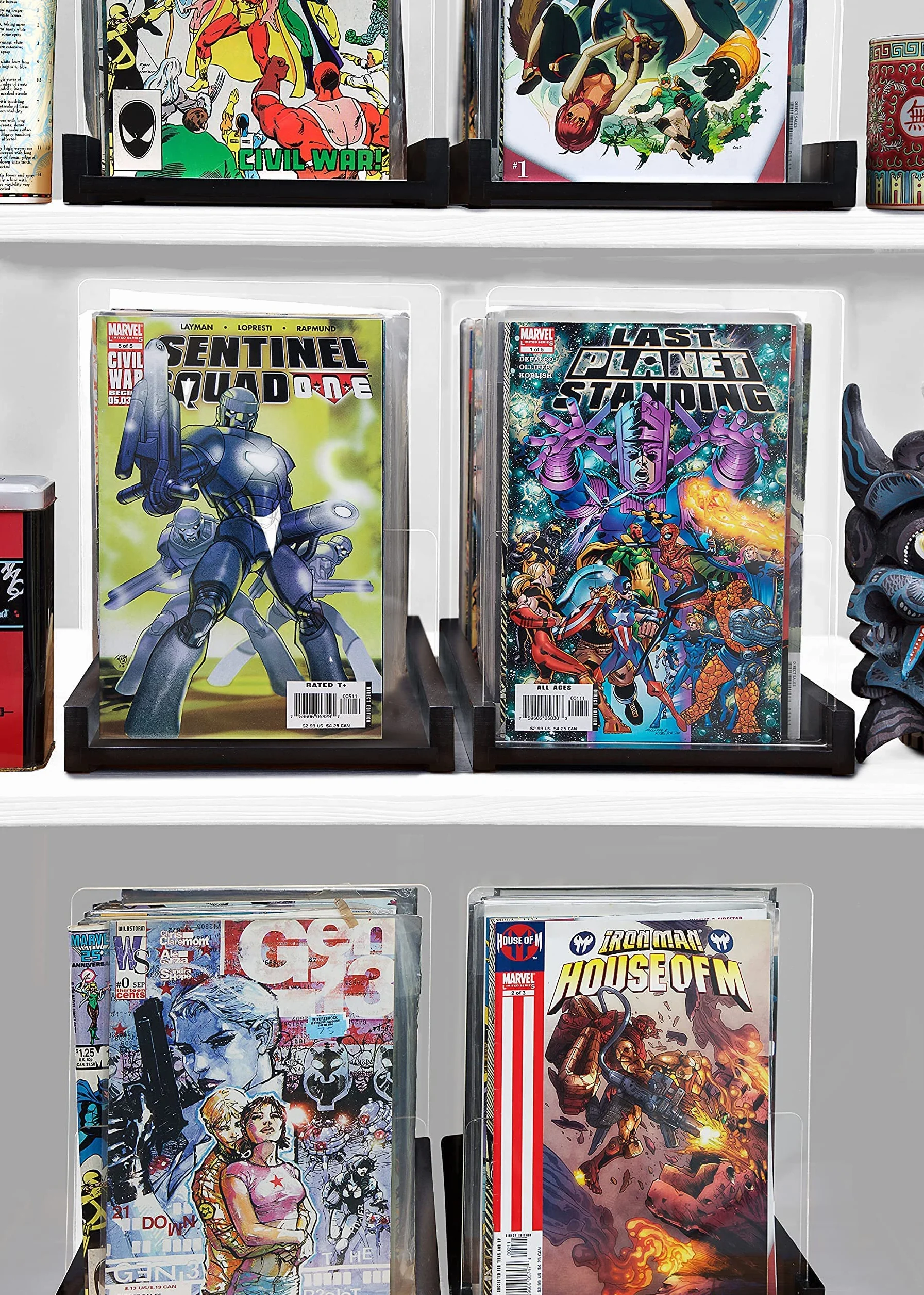 Soporte de almacenamiento para cómics, vitrina para coleccionistas, caja de cómics de madera y acrílico pendiente de patente, contenedor y organizador, almacena hasta 150 problemas, 14.5 x 8 pulgadas