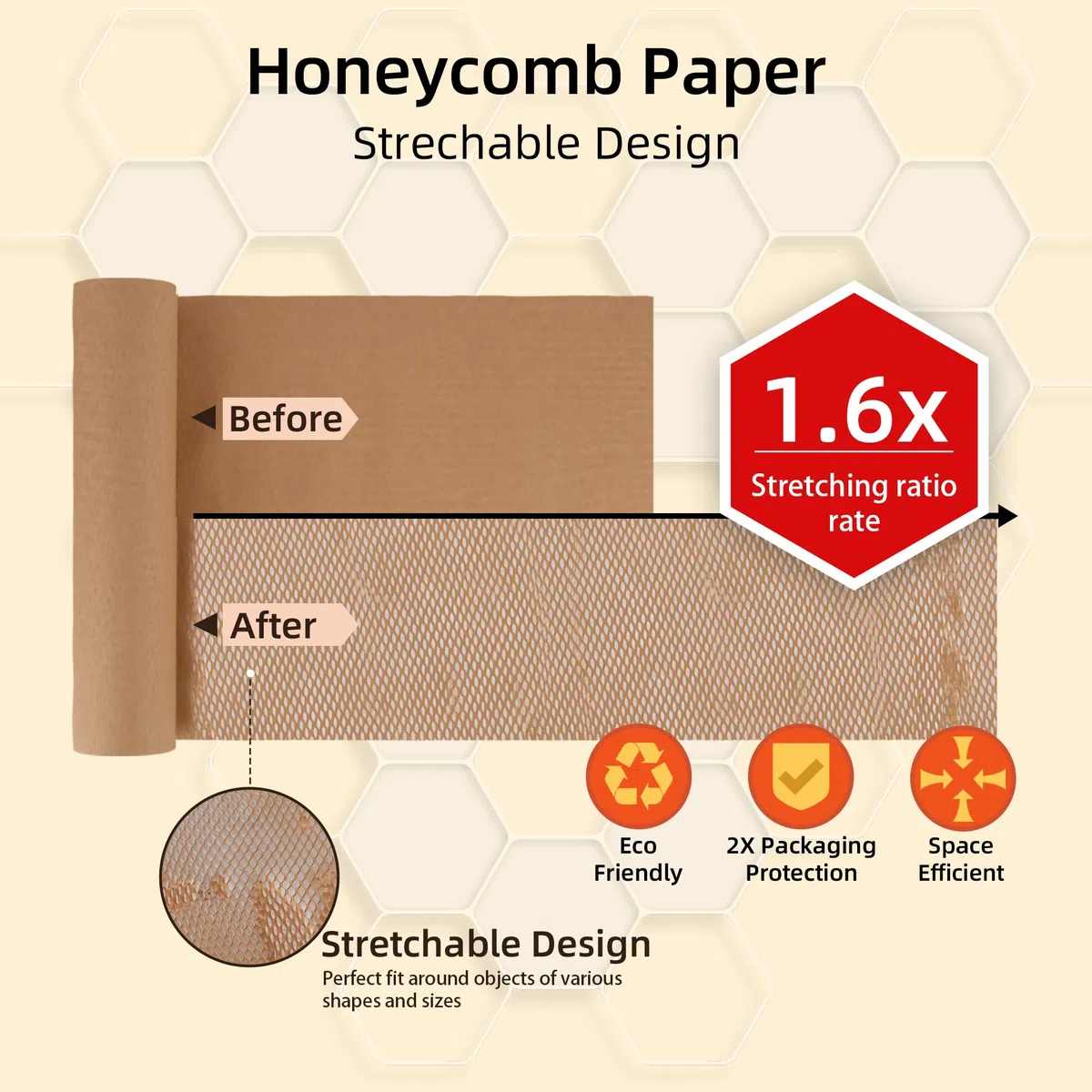 Rollo de papel de embalaje de panal de abeja de 15 x 3780 pulgadas (96 m) – Papel de regalo ecológico con calcomanías frágiles y de etiquetado, guantes, papel de panal reciclable | Alternativa al