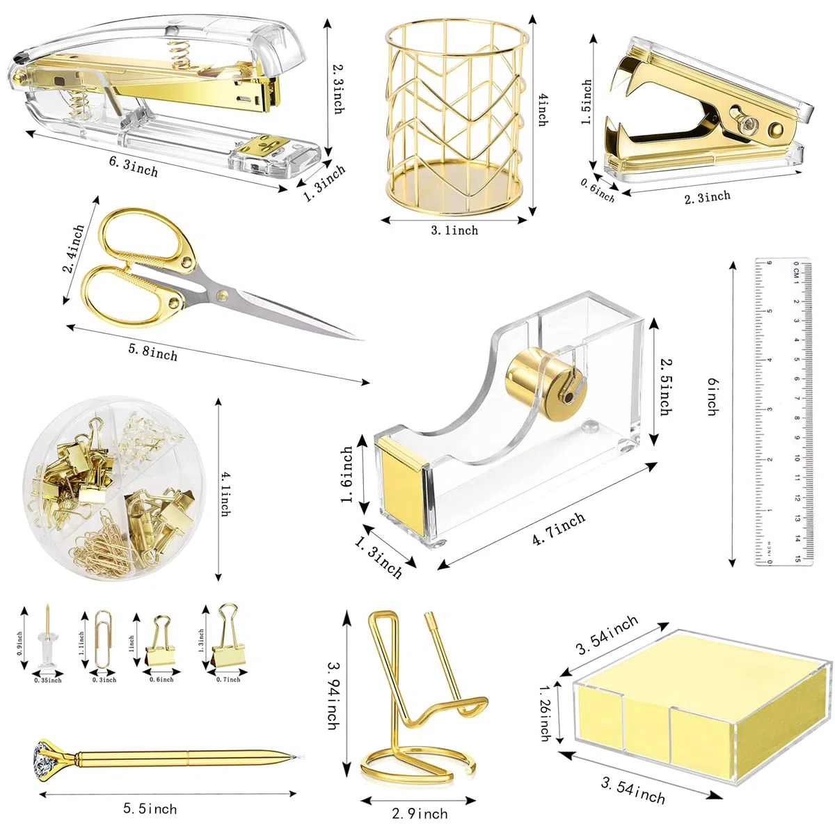 Accesorios de escritorio dorados, grapadora acrílica, removedor de grapas, soporte de cinta, soporte para bolígrafos, bolígrafo, tijeras, clips de carpeta, 1000 grapas, soporte para teléfono, regla