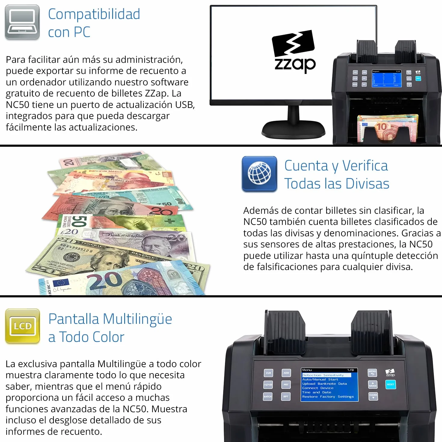 ZZap NC50 Contadora de Billetes y Detector de Falsificaciones - Contadora de Valor para Denominaciones Mixtas - Máquina de Efectivo