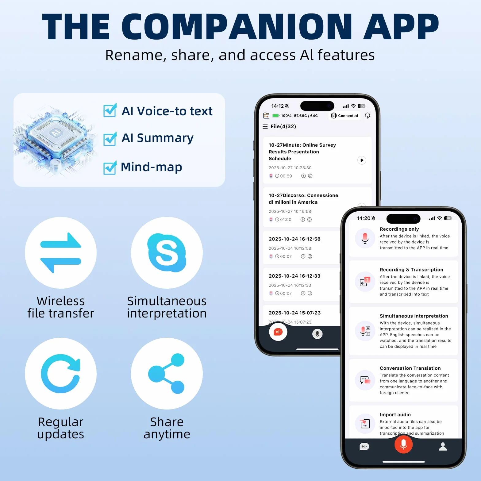 Registrador de Voz AI - Registrador de Voz Profesional Portátil, Transcribe y Resume con Tecnología AI, Compatible con 256 Idiomas, Control de Aplicación