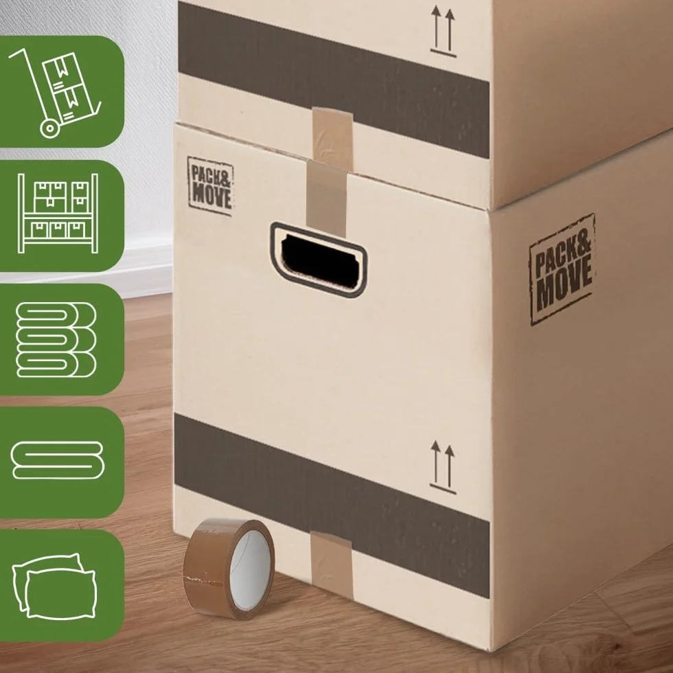 Pack and Move - Lote de 10 cajas para trasladar almacenamiento XL, 80 x 40 x 40 cm, asas reforzadas, 1 adhesivo