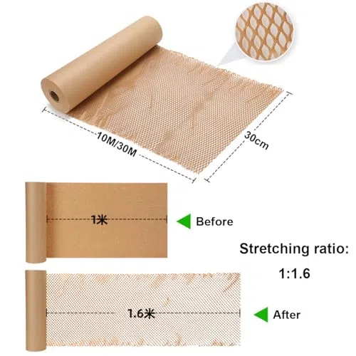 Rollo de papel de embalaje reciclable de panal de abeja de 30 m x 10 cm, envoltura protectora acolchada para enviar artículos frágiles, alternativa ecológica de burbujas