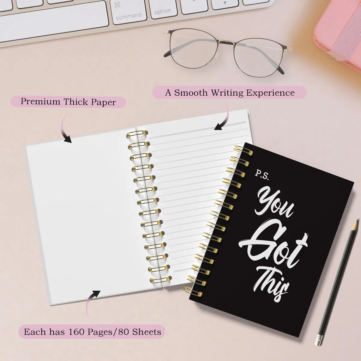 WFSM You Got This - Cuaderno de espiral, cuadernos inspiradores para mujeres y hombres, diario motivacional, cuadernos en espiral de tapa dura negra para tomar notas de trabajo, 5.5 x 8.3 pulgadas