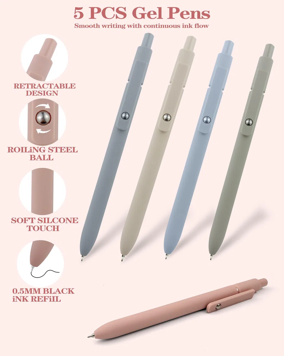 53 artículos escolares estéticos con bonito estuche, 12 resaltadores pastel, 5 bolígrafos negros y 6 bolígrafos de gel de tinta de color, bolígrafos, 4 lápices mecánicos de 0.5 a 2.0 mm, para juego de