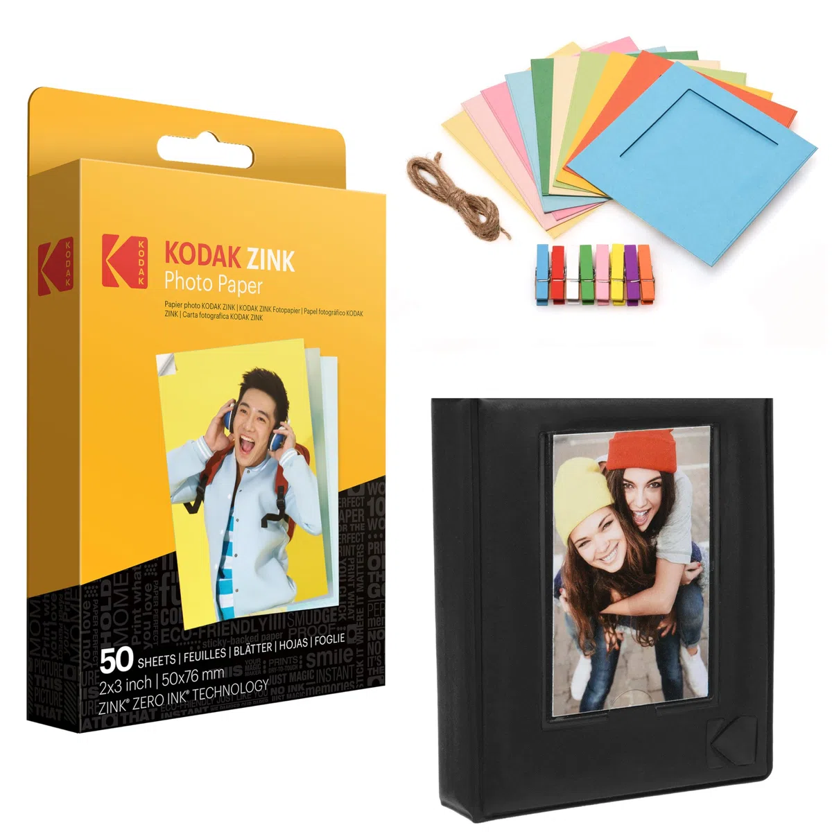 Kodak Papel fotográfico Premium Zink de 2" x 3" (50 Hojas) + Marcos de Fotos + Álbum de Fotos (Compatible con Kodak Printomatic)
