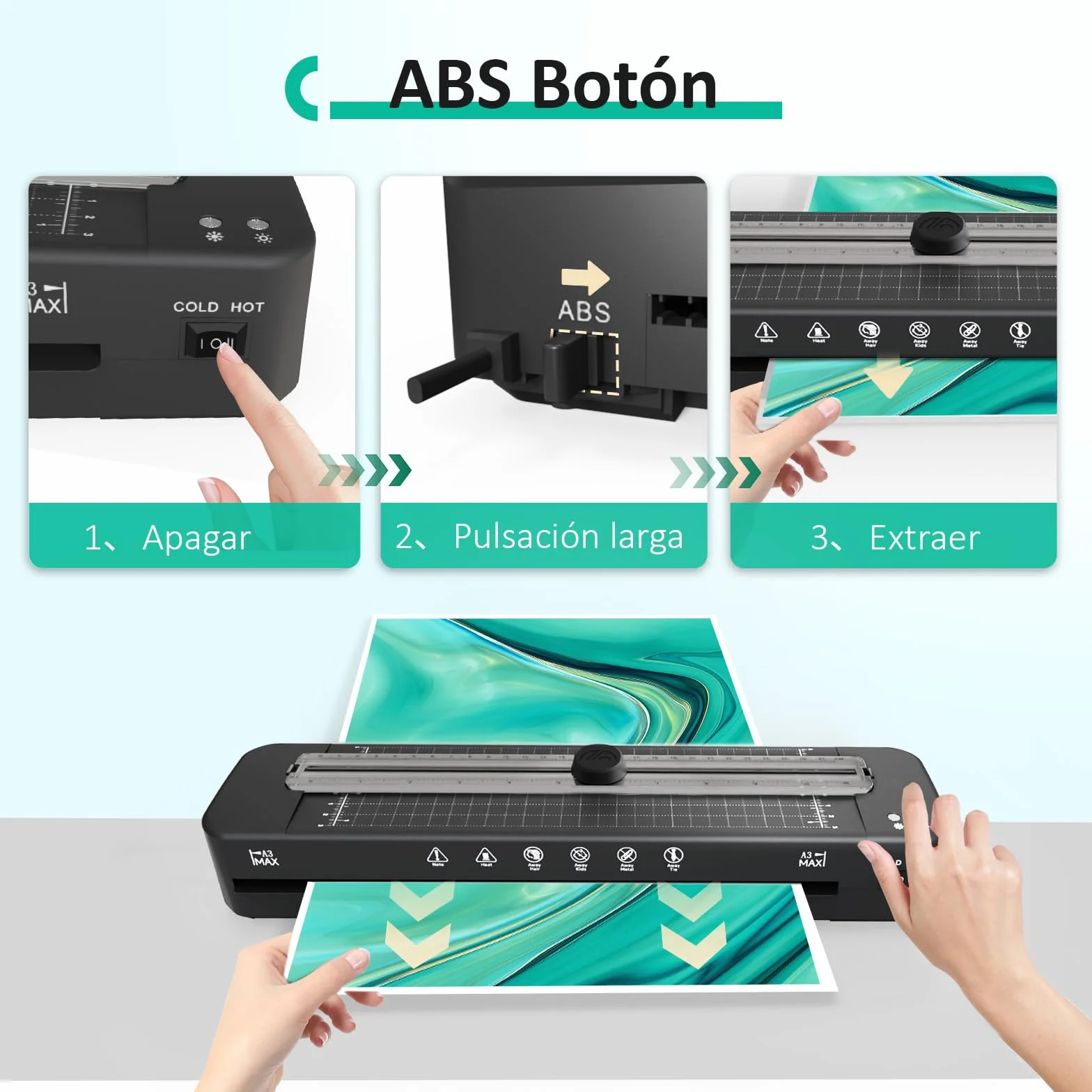 Plastificadora A3 5 en 1 Máquina Laminadora en Frío y Caliente con Cortador de Papel y Relleno de Esquinas