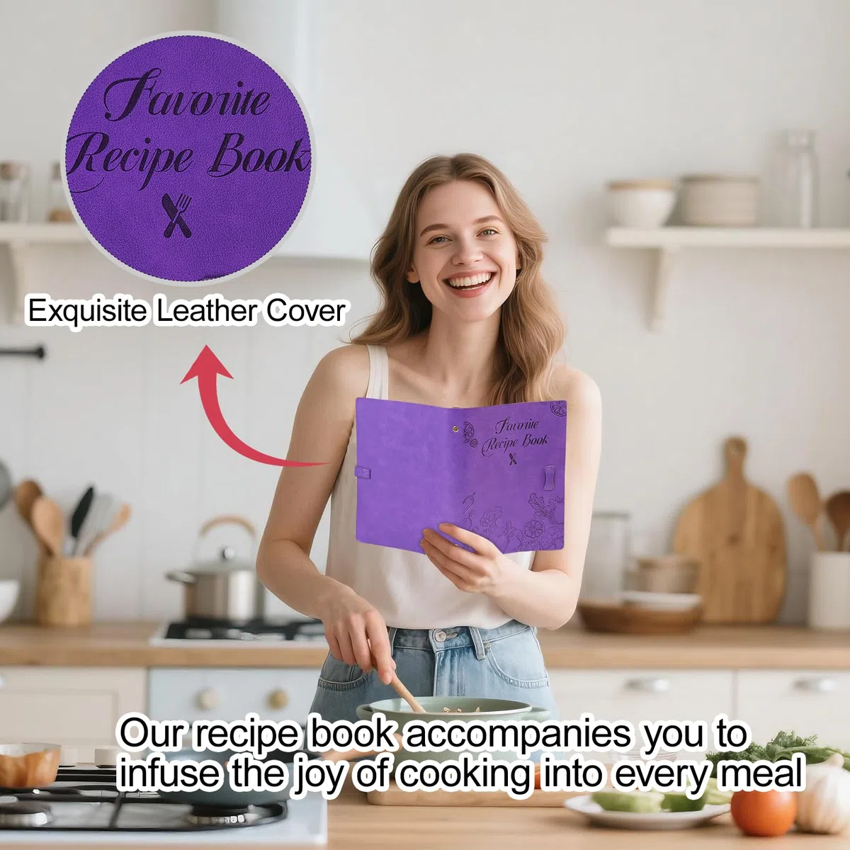 Libro de recetas en blanco para escribir en tus propias recetas, cuaderno de recetas de cuero, libro de cocina vacío con capacidad para 150 recetas (recetas largas y cortas) (morado)