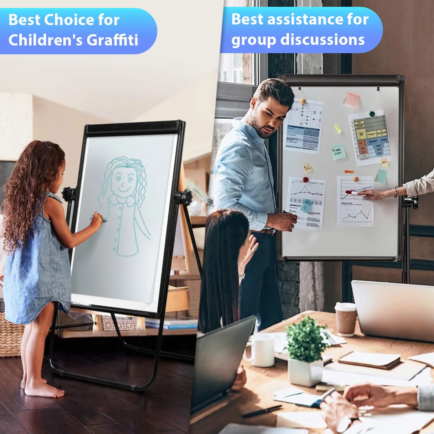 maxtek Pizarra Blanca Magnética 90 X 60 cm, Pizarra con U-Caballete, Doble Cara Whiteboard Marco de Aluminio, Altura Ajustable Pizarra de Borrado en Seco, Papel para Rotafolio MóVil con Gancho