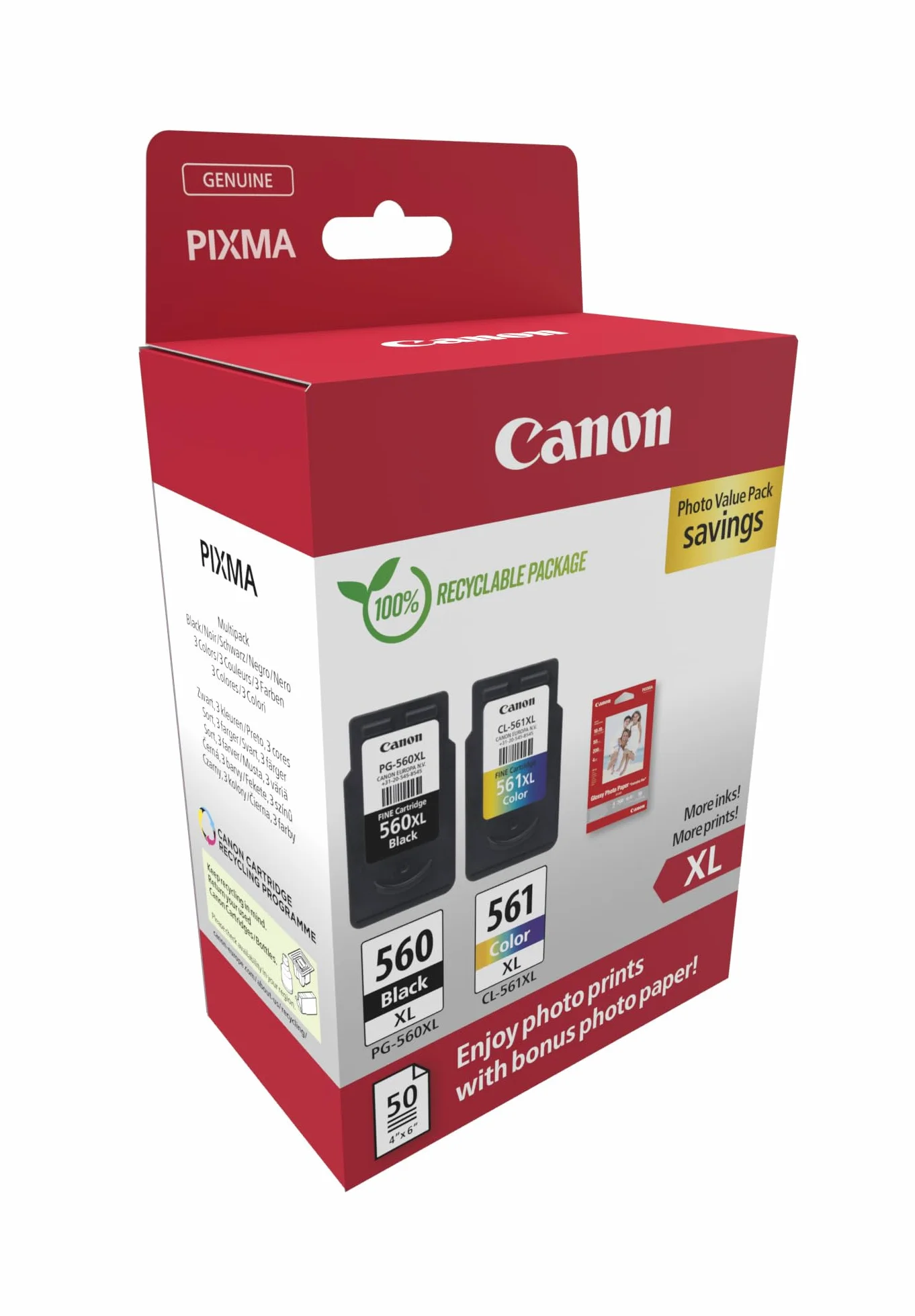 Canon Tinta y Papel Multipack - PG-560XL/CL-561XL Cartuchos de Tinta Genuinos 2 Pack (1 x Negro XL, 1 x Color XL) & Papel Fotográfico 4x6 (50 x Hojas)