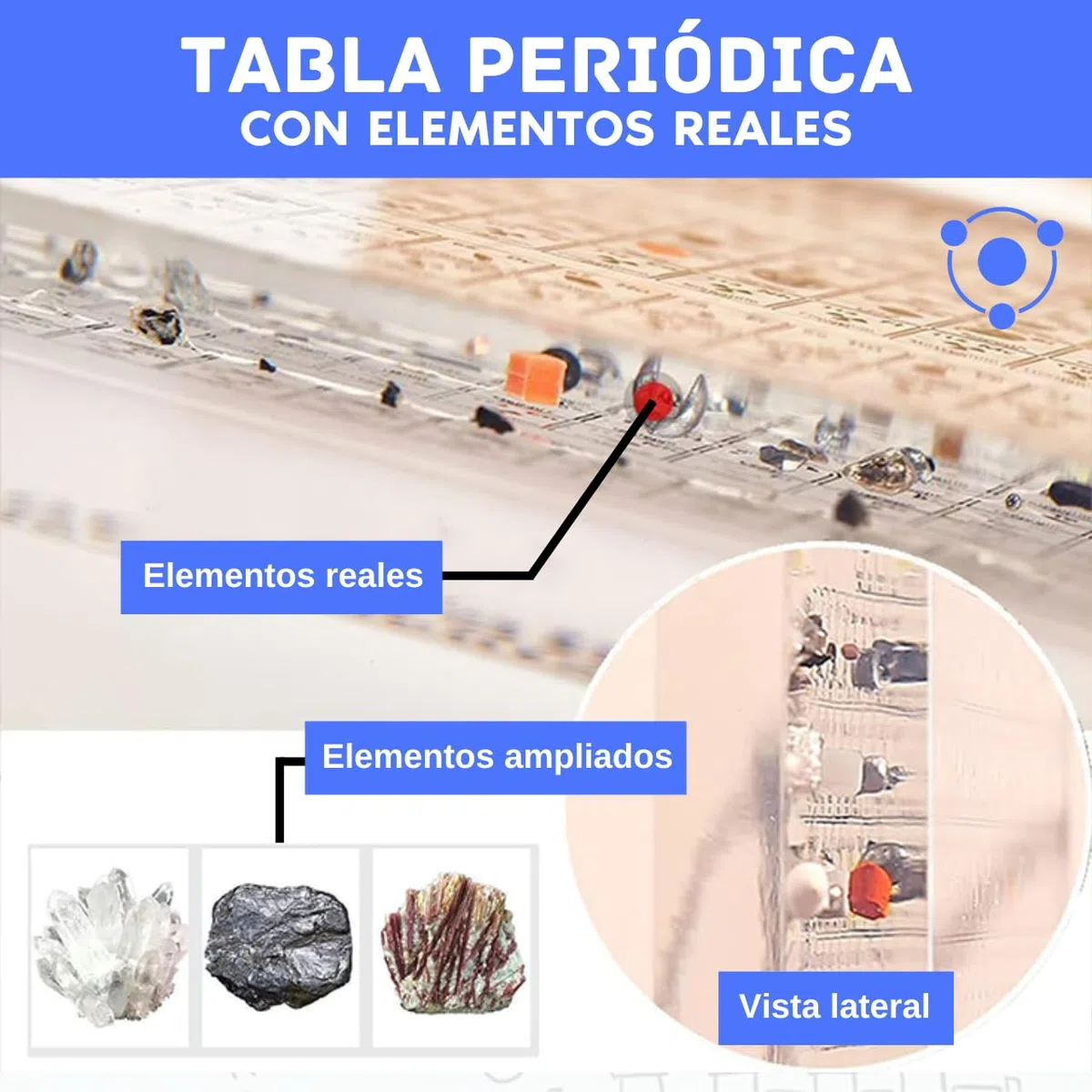 Tabla Periódica con Elementos Reales y Base de Madera con Luz Led Cálida - Póster Tabla de los Elementos Resina Transparente y Soporte - Regalo Química