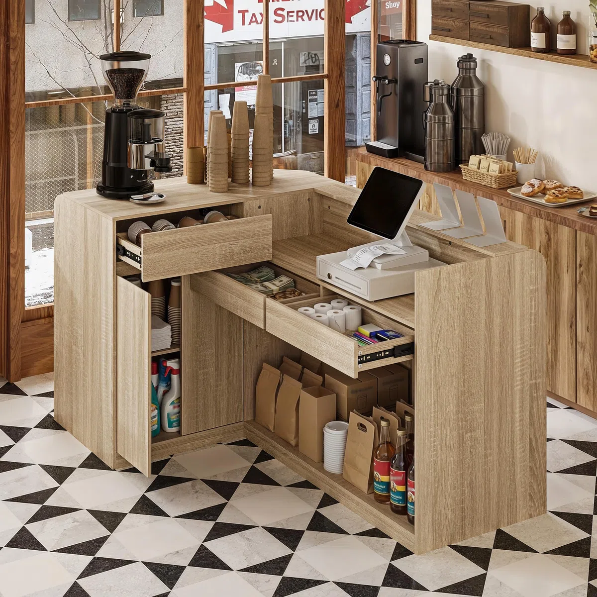 Mesa de recepción en forma de L con espacio de almacenamiento – Moderno mostrador de recepción con 3 cajones y armario, mesa de mostrador de madera para oficina, hotel, salón, práctica y