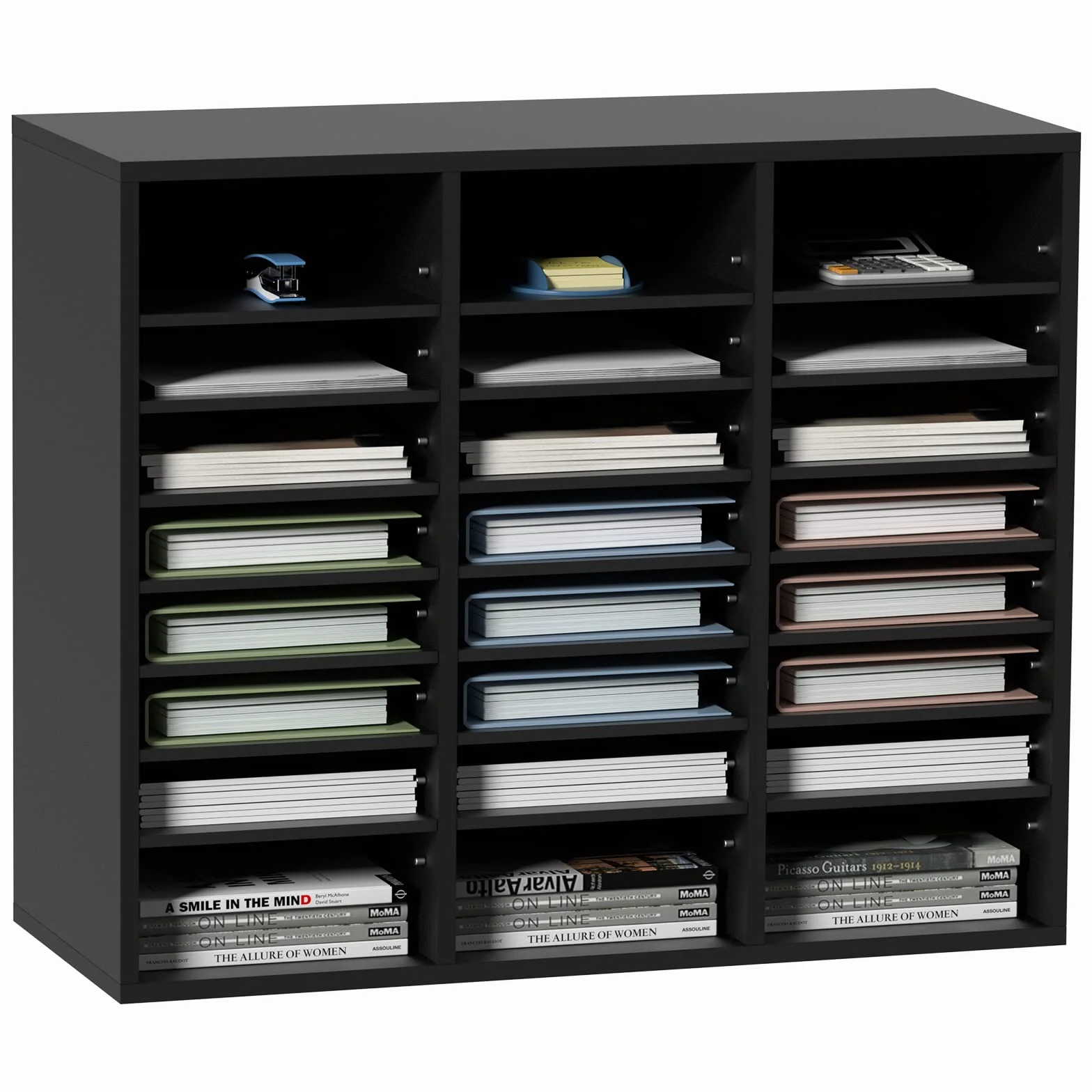 VEVOR Organizador de Literatura de madera Aglomerado Estante de Almacenamiento de Documentos de 24 Compartimentos 73,7x30,5x62 cm Clasificador de Literatura con Estantes Ajustables para Oficina, Negro