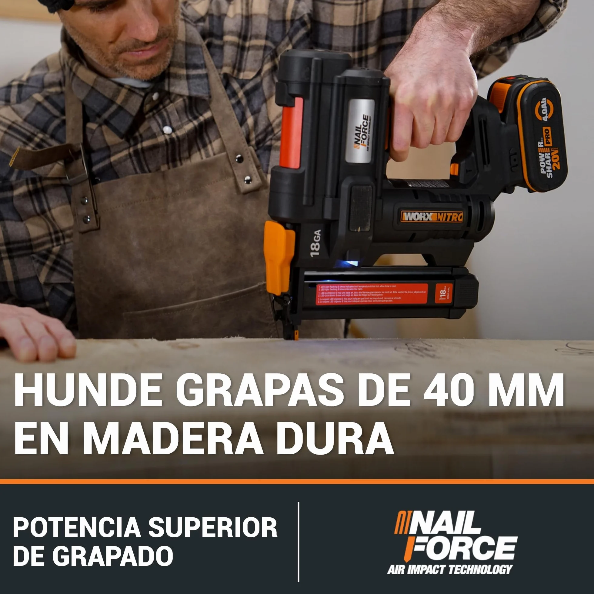 WORX WX844 Nitro – Grapadora eléctrica inalámbrica 20 V – 2 Ah – Dispara hasta 80 grapas por minuto – Desbloqueo sin herramientas – (incluye batería y cargador| 200 grapas 18 GA| gancho de cinturón)