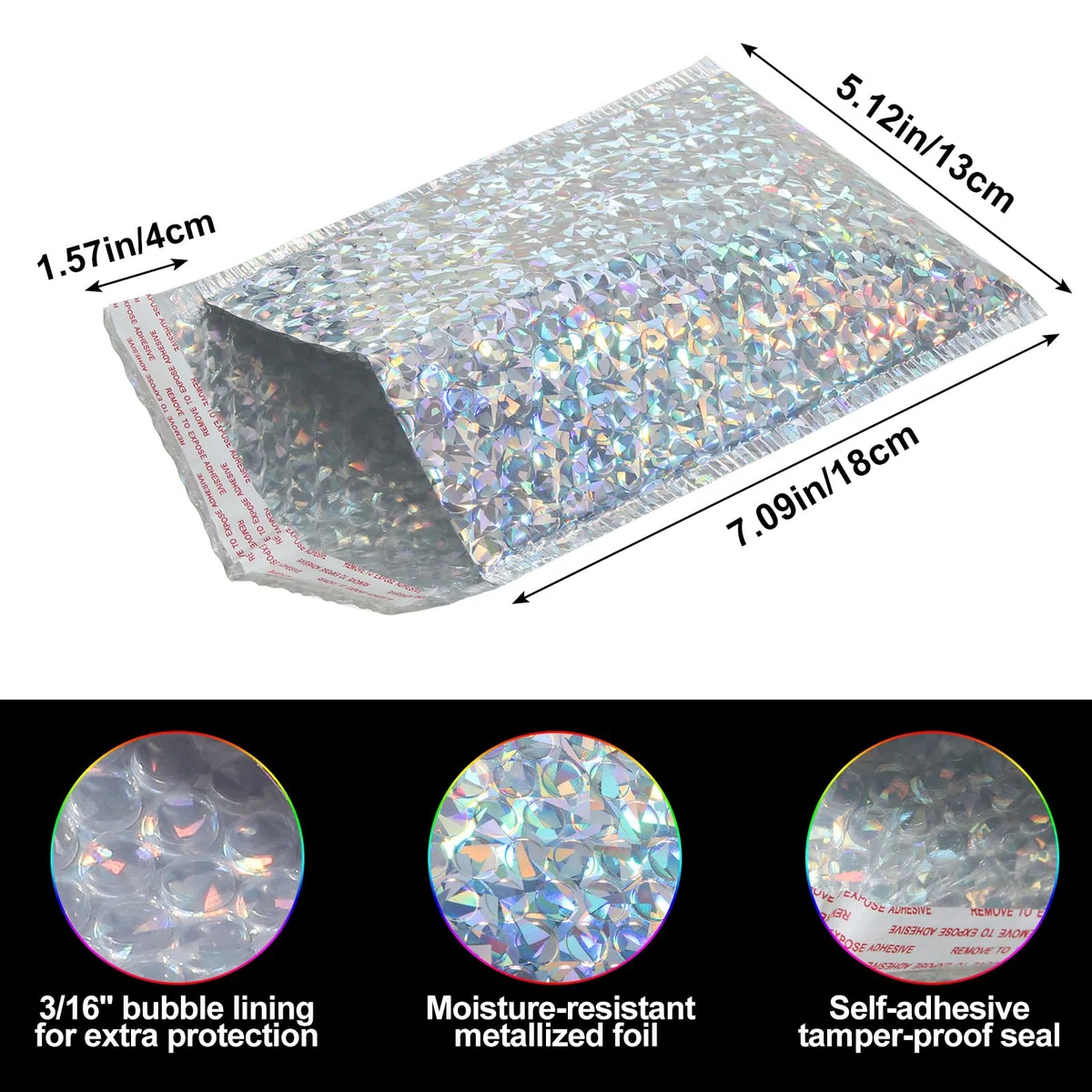 Fulmoon 30 sobres holográficos de burbujas de 4 x 8 pulgadas, sobres acolchados holográficos de burbujas, sobres acolchados autosellantes para envío y embalaje (plateado)