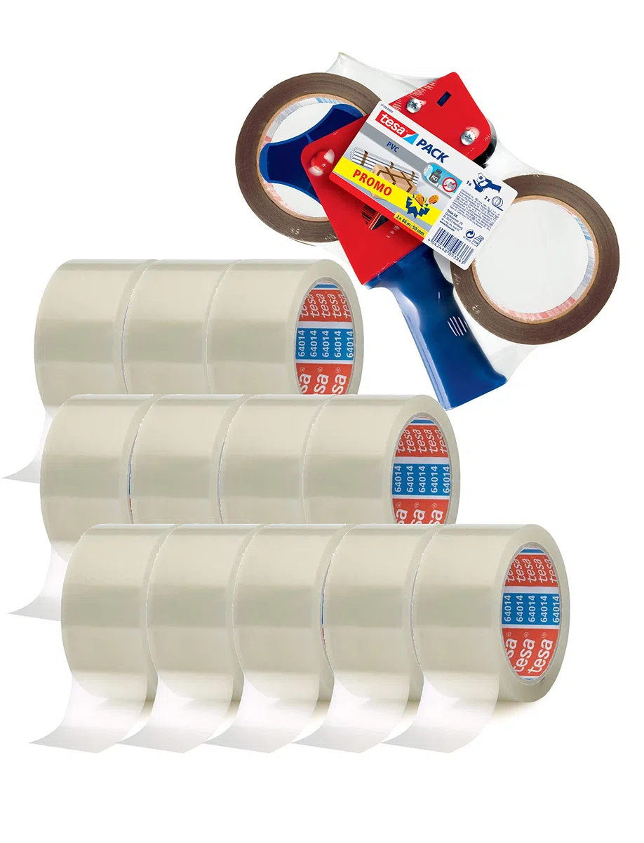 tesa Pack Ultra Strong y dispensador manual en juego con 2 cintas adhesivas de PVC especialmente resistentes al desgarro, color marrón, 66 m x 50 mm (dispensador + 12 rollos extra, transparente)