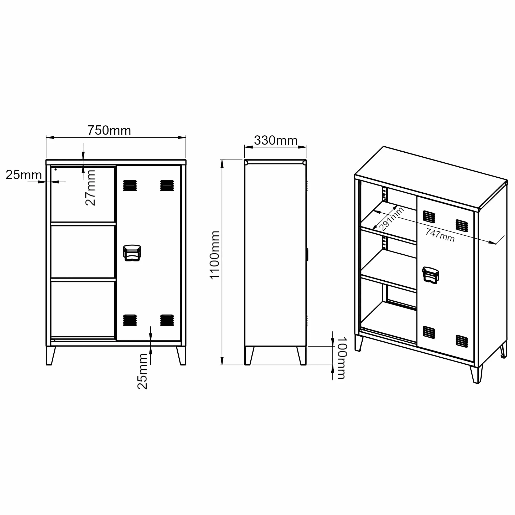 [en.casa] Armario Metálico de Oficina con Cerraduras Magnéticas Mueble Organizador con 2 Estantes Regulables Ventilación Óptima Acero 110 x 75 x 33 cm Negro