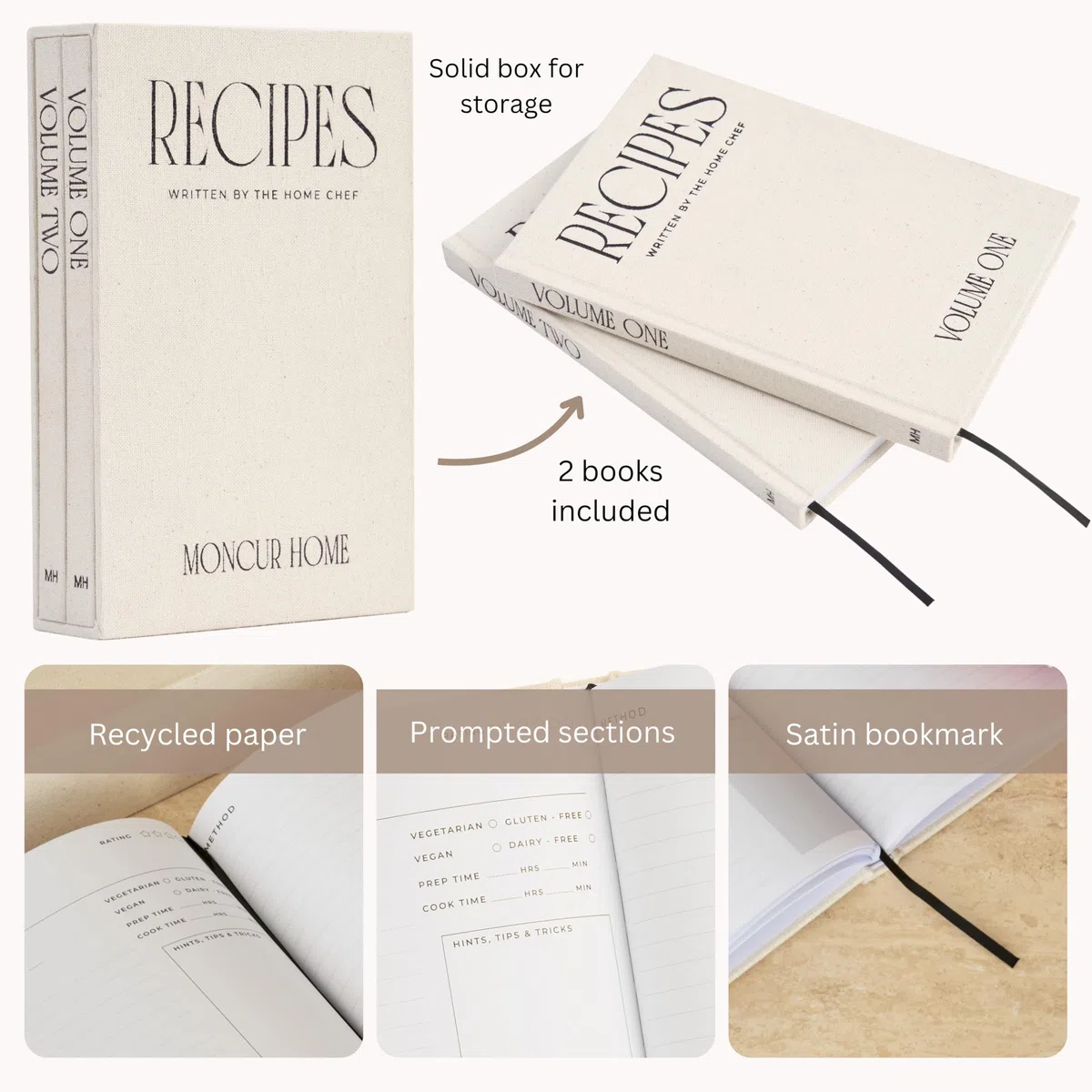 Moncur Home Juego de 2 libros de recetas en blanco para escribir en tus propias recetas, caja de recetas de lino beige, hojas adhesivas, cuaderno de recetas, libro de cocina, diario de recetas,