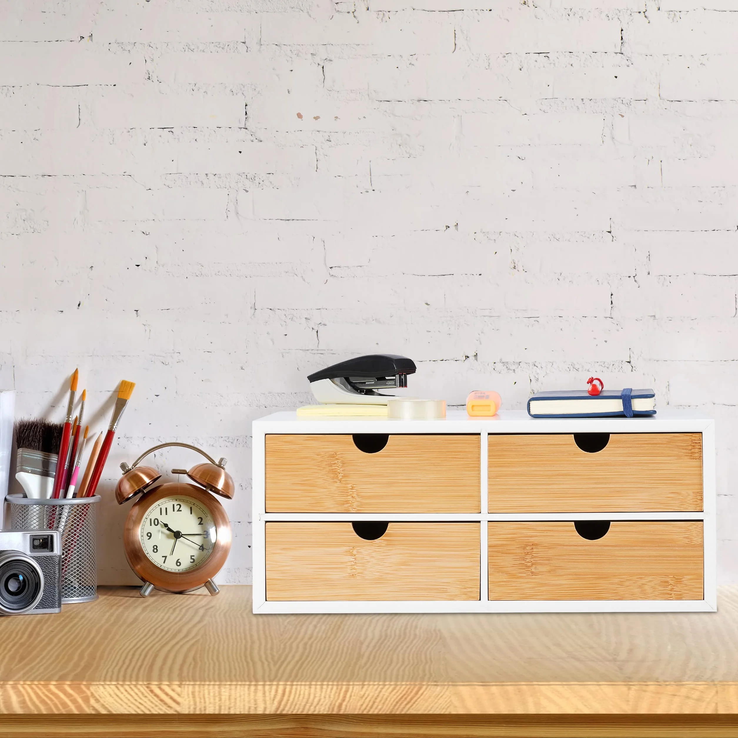 Relaxdays Organizador Escritorio 4 Cajones Bambú MDF 14x33xcm Natural Blanco