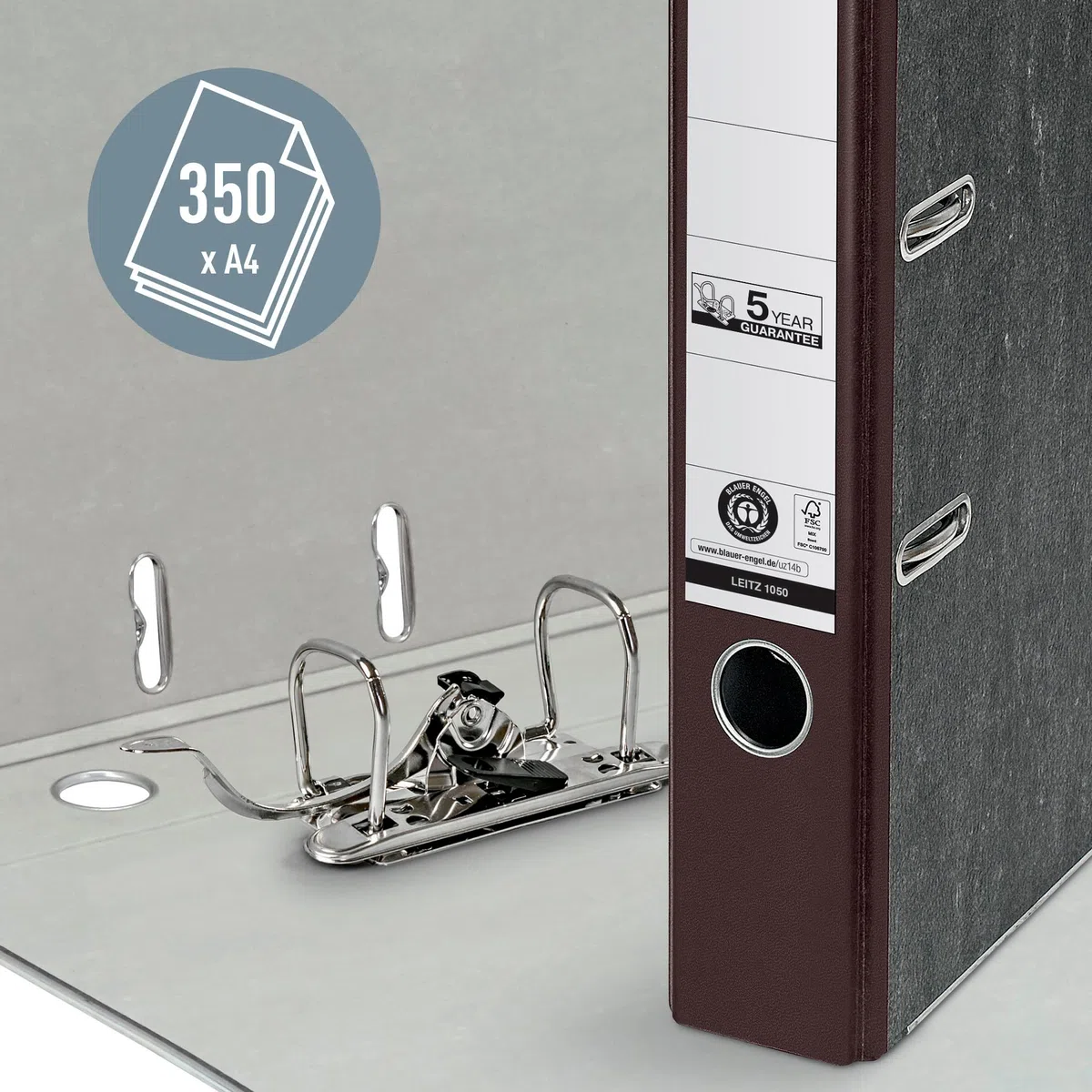 Leitz Archivador de calidad, 20 unidades, original, DIN A4, estrecho, 5 cm de ancho, papel de mármol en nubes, archivador de reciclaje, Blauer Engel, con mecánica de 180°, máxima estabilidad, marrón,