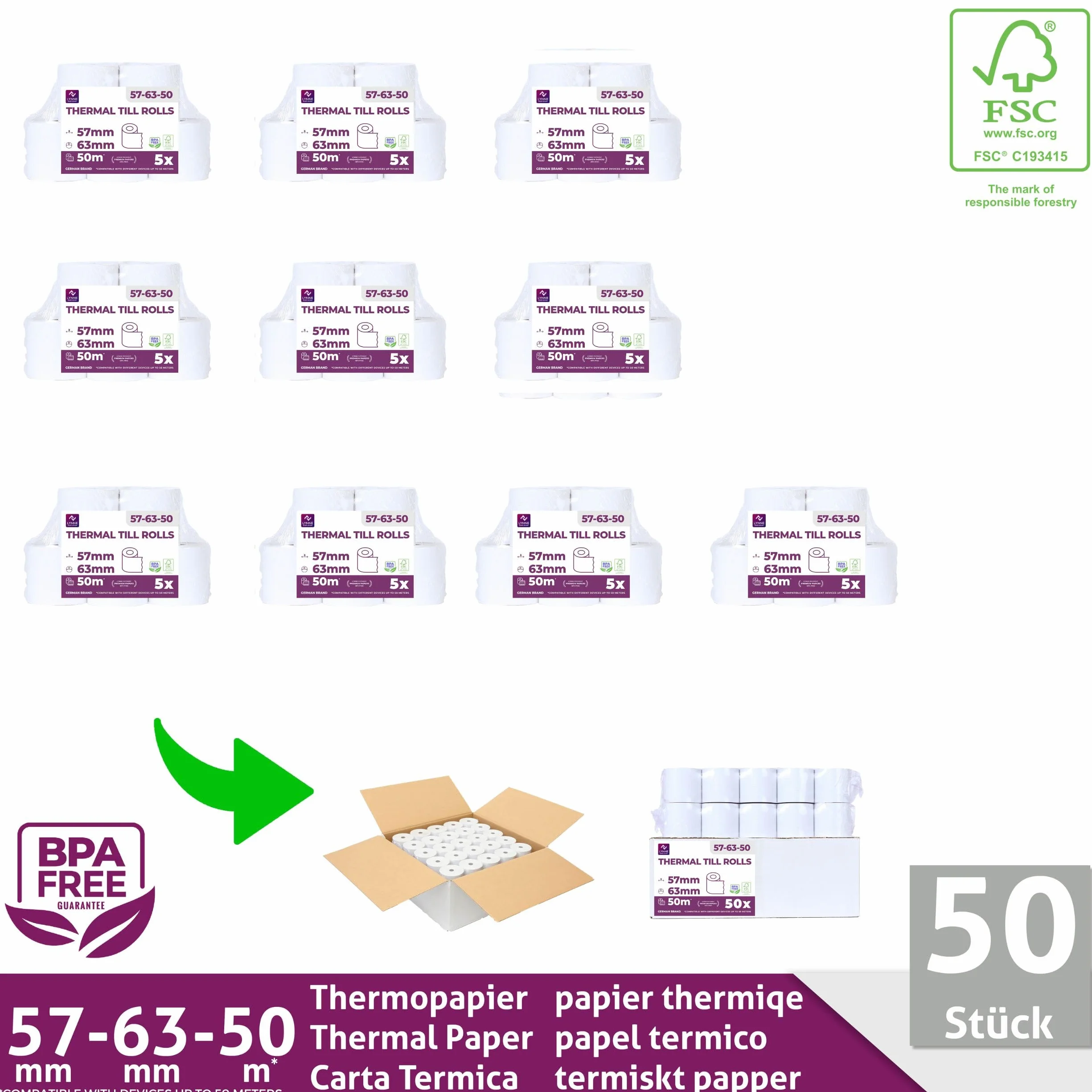 Papel térmico 57mm x 50m x 12mm - ideal para todas las cajas registradoras y TPV - Rollos para impresora térmica - (57x55x12) Blanco -Sin BPA (50 Rollos)