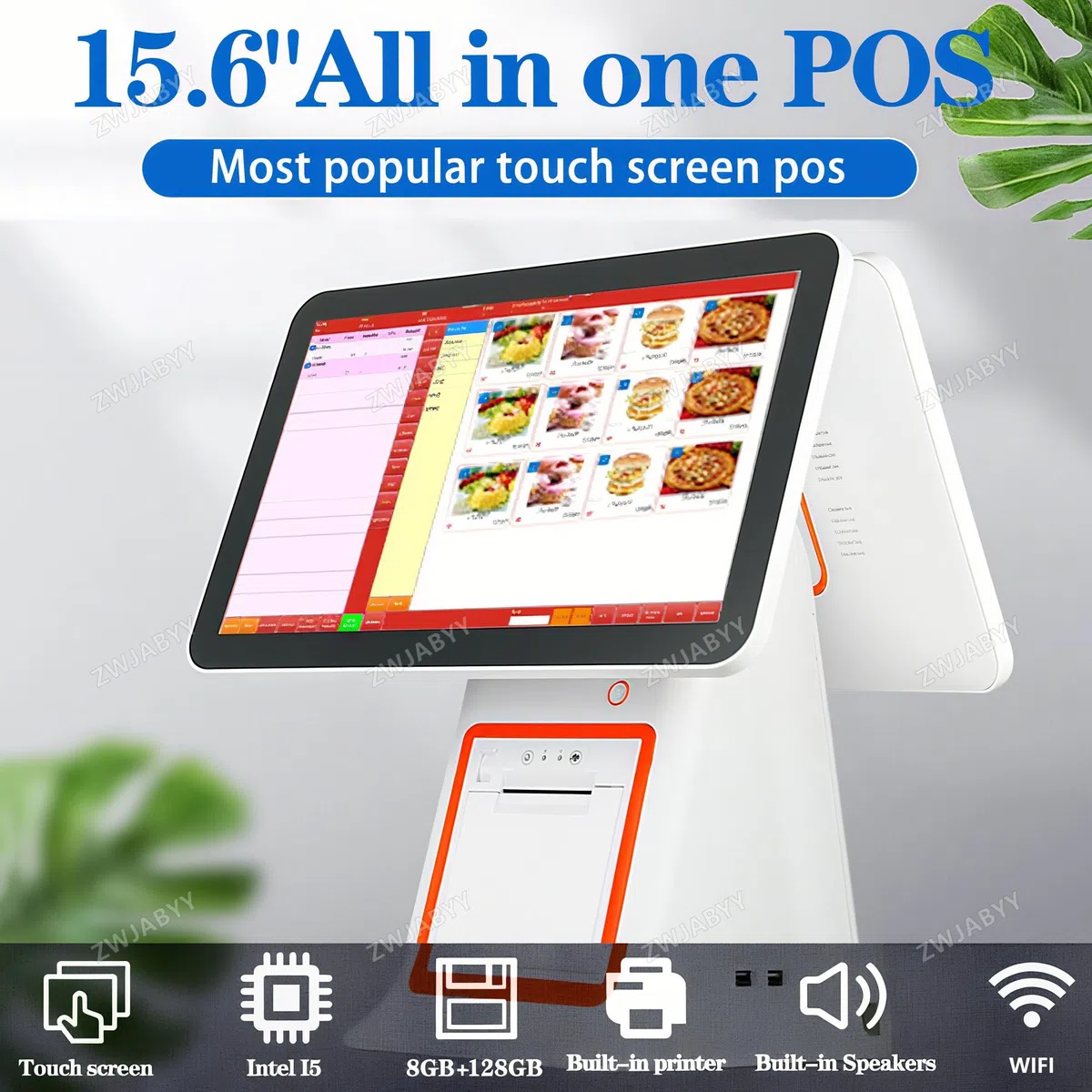 Terminal TPV Todo en uno de 15,6" con Pantalla táctil capacitiva Dual e Impresora térmica de Recibos para Cadenas minoristas y supermercados. White