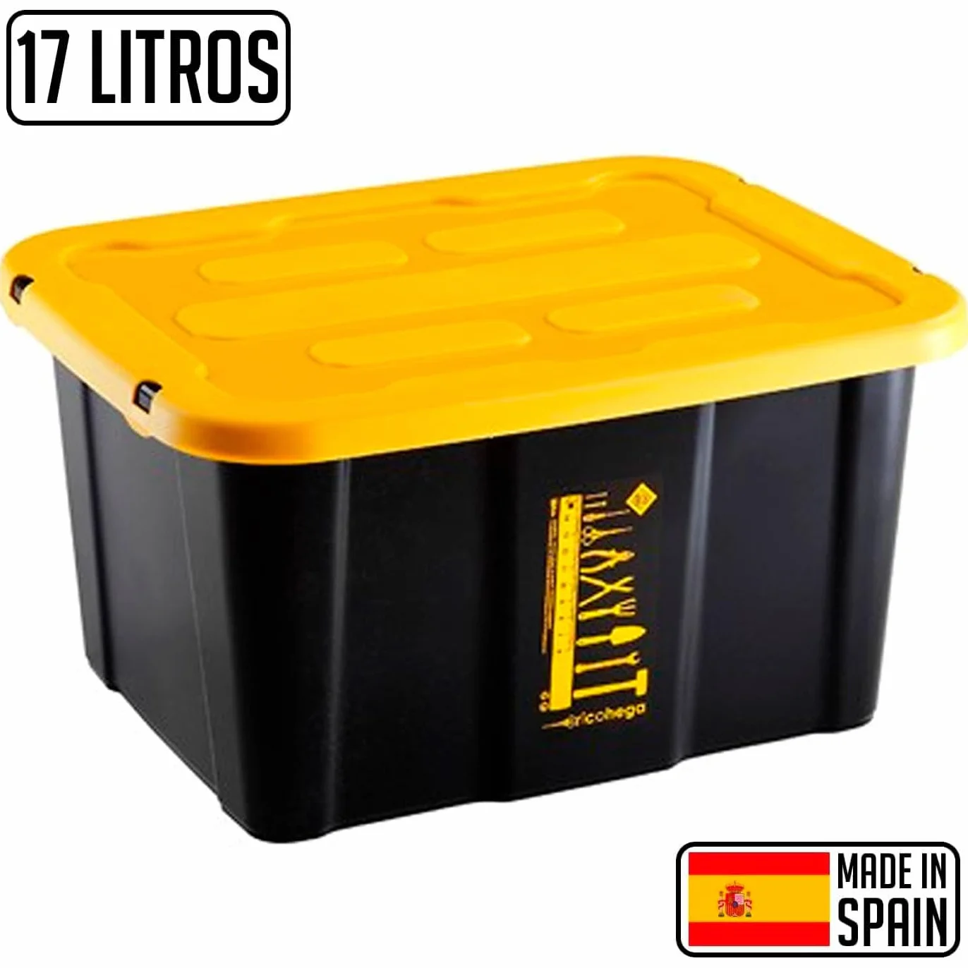 Acan Tradineur - Pack de 6 Cajas de almacenaje apilable con tapa, plástico, cajón multiusos, ordenación, herramientas, hogar, fabricada en España (17 litros - Amarillo/Negro - 39,5 x 31,5 x 22 cm)