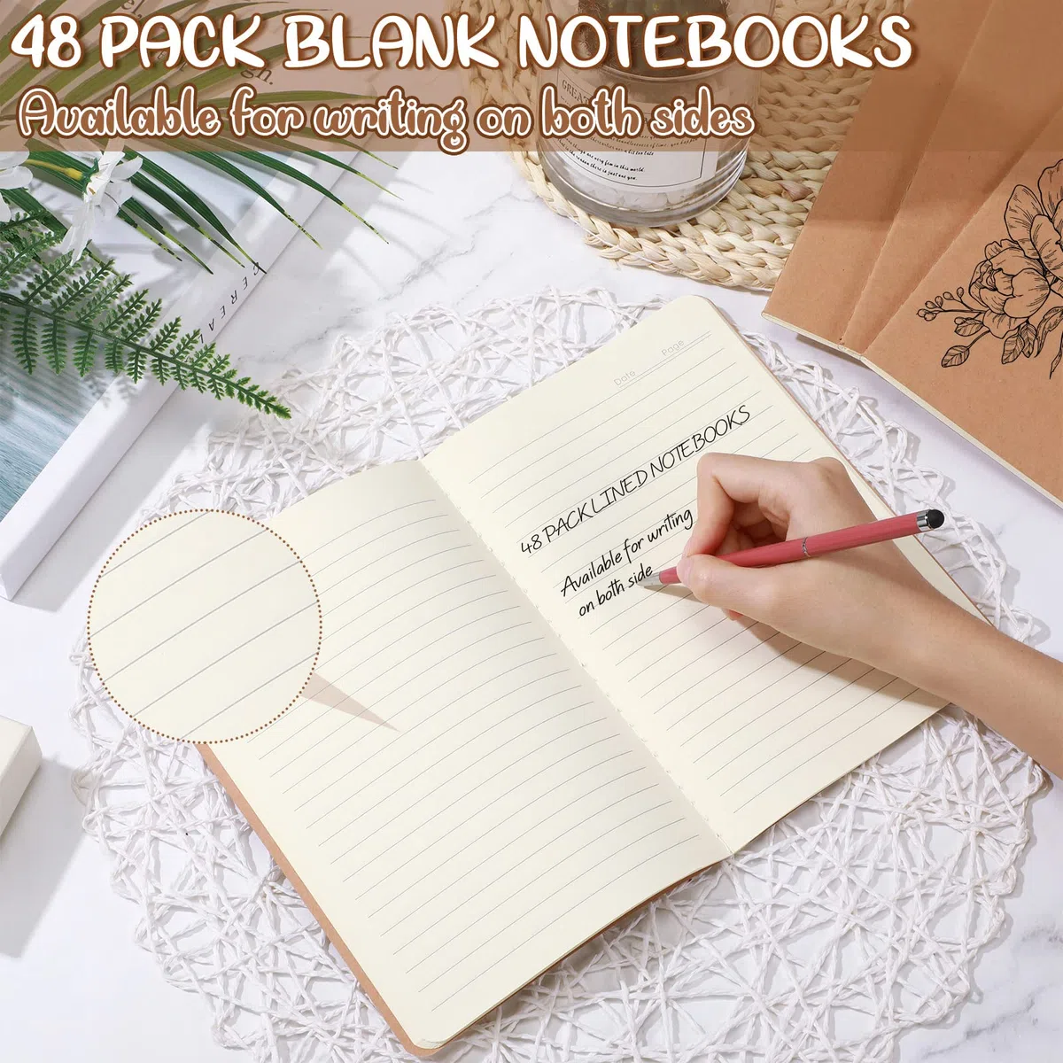 Epakh Paquete de 48 cuadernos de papel kraft A5 a granel de 8.3 x 5.5 pulgadas, diarios de viaje para viajeros, estudiantes, diario de escritura, suministros escolares, 68 páginas, 34 hojas (rayado)