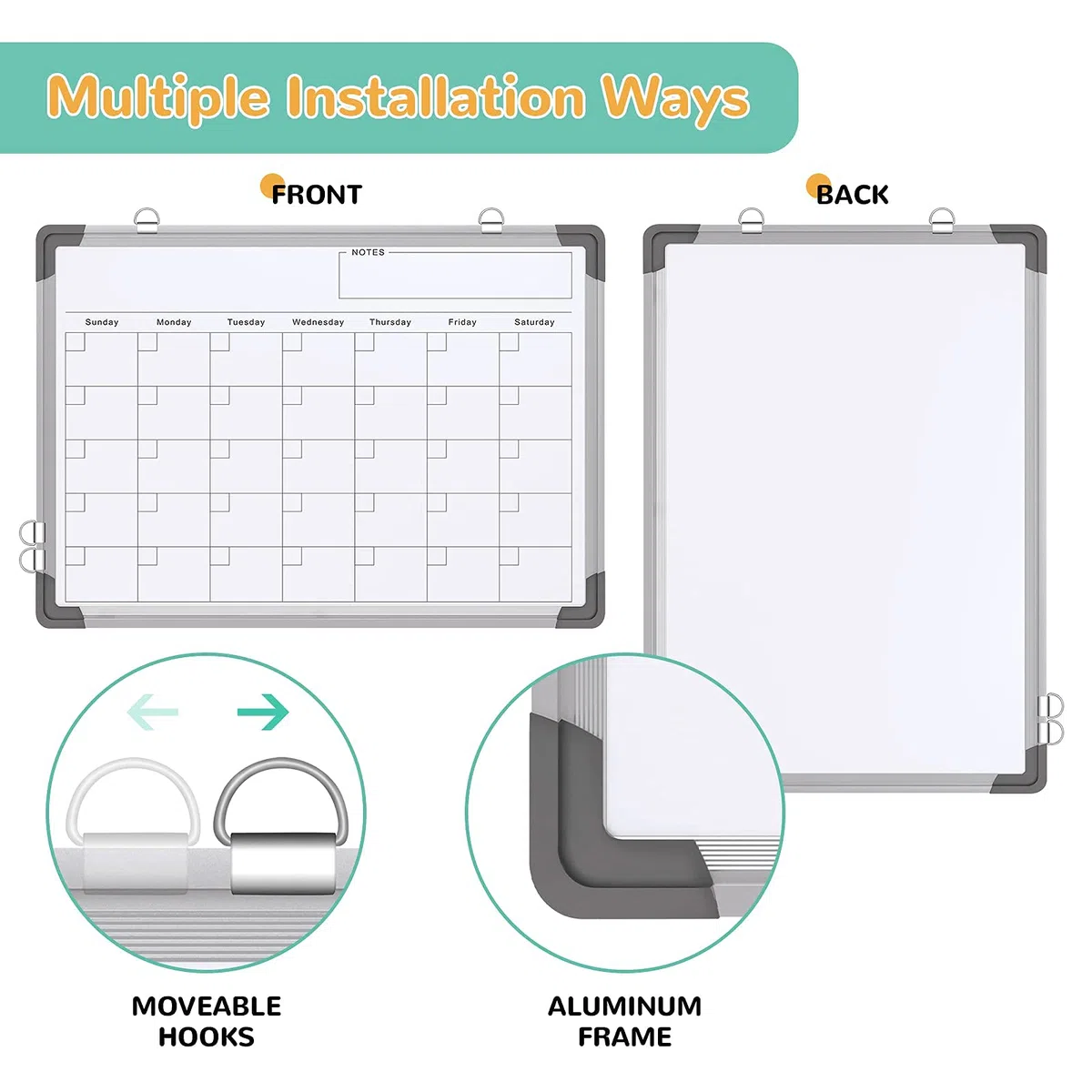 Pizarra blanca con calendario mensual para pared, pizarra de borrado en seco de 16 x 12 pulgadas, pequeña pizarra blanca magnética, pizarra colgante de doble cara para oficina, escuela, hogar, cocina