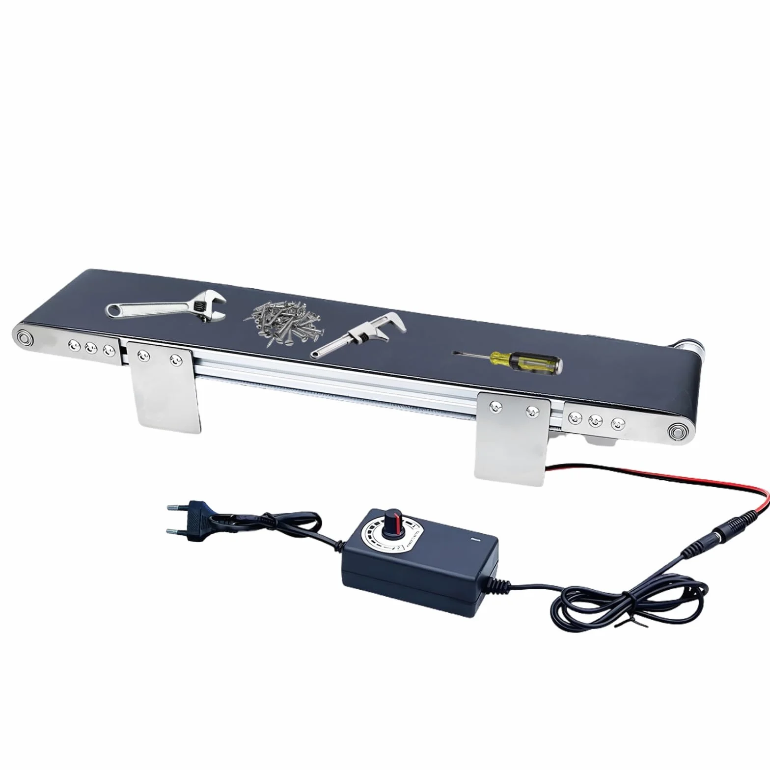 Mini transportador automático de acero inoxidable, DC 12 V, cinta transportadora eléctrica de escritorio velocidad ajustable, cinta transportadora automática con adaptador, adecuado para dispositivo