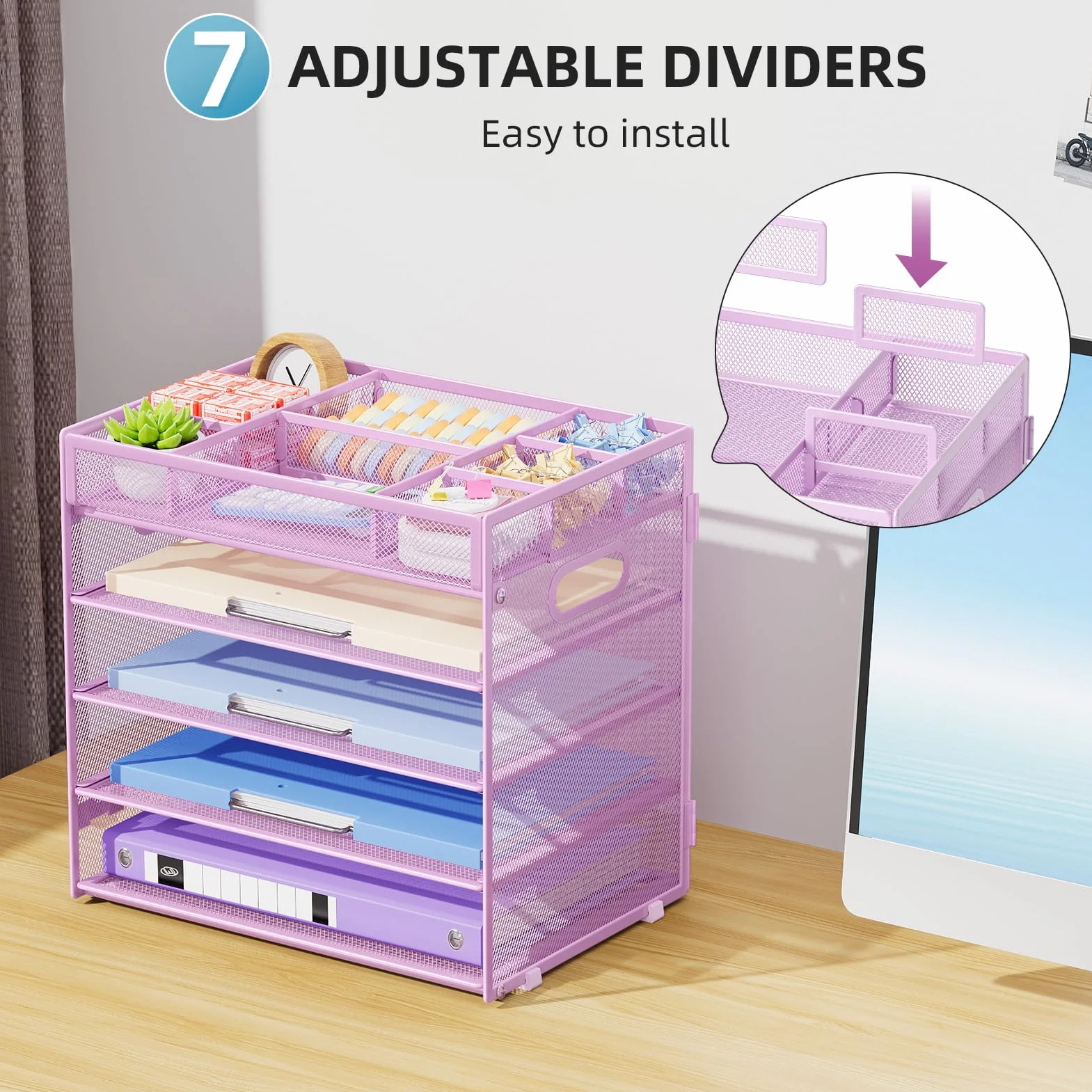 Marbrasse Organizador de Escritorio de Malla 5 Niveles, Bandeja para Papeles con Compartimentos Ajustables y Asa, Morado