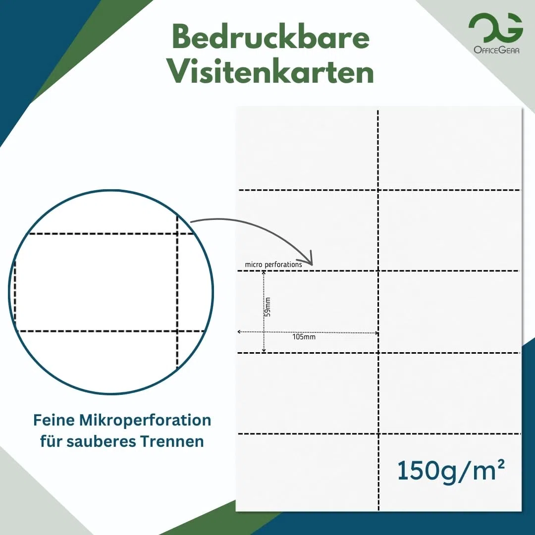 OfficeGear Tarjetas de visita imprimibles de 10 en adelante (55 hojas, paquete de 550) de 59 mm x 105 mm, tarjetas perforadas imprimibles personalizadas de 150 g/m²