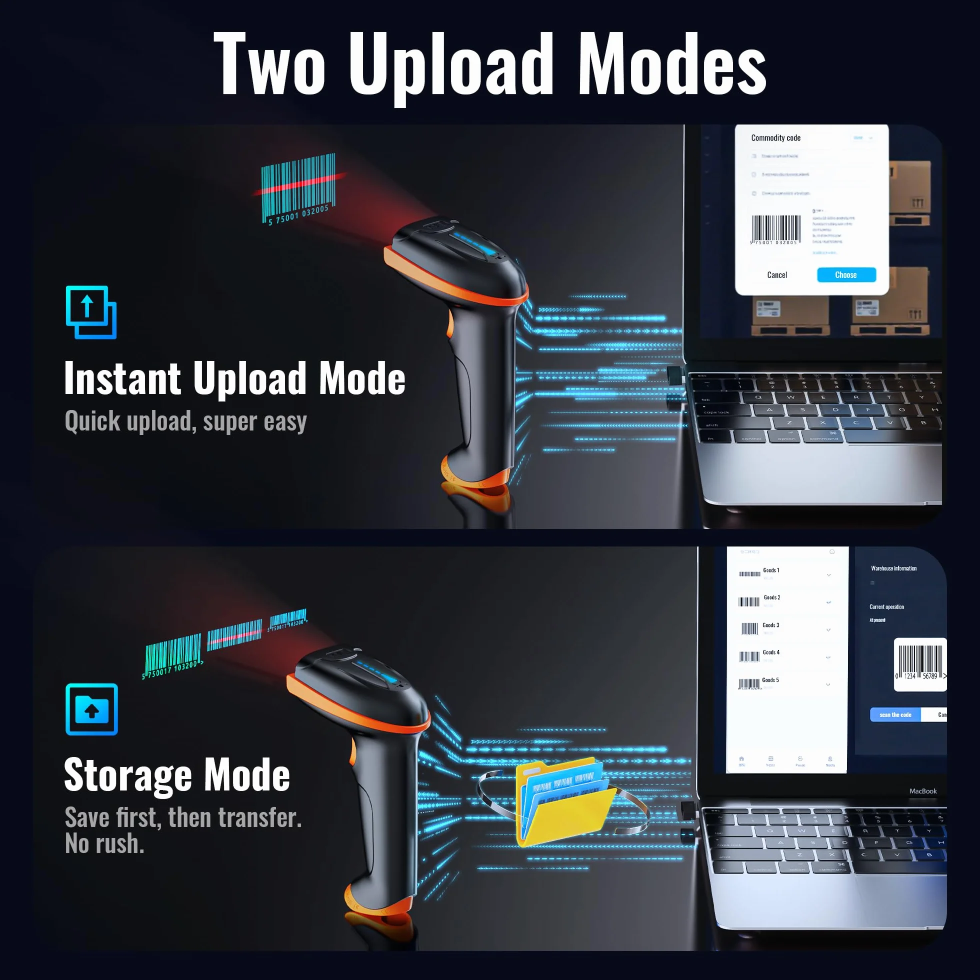 Tera Lector de Código de Barras Portátil Inalámbrico 1D Láser Inalámbrico y con Cable USB Indicador de Nivel de Batería Extra Grande de 2000mAh, Modelo 5100, Naranja/Negro