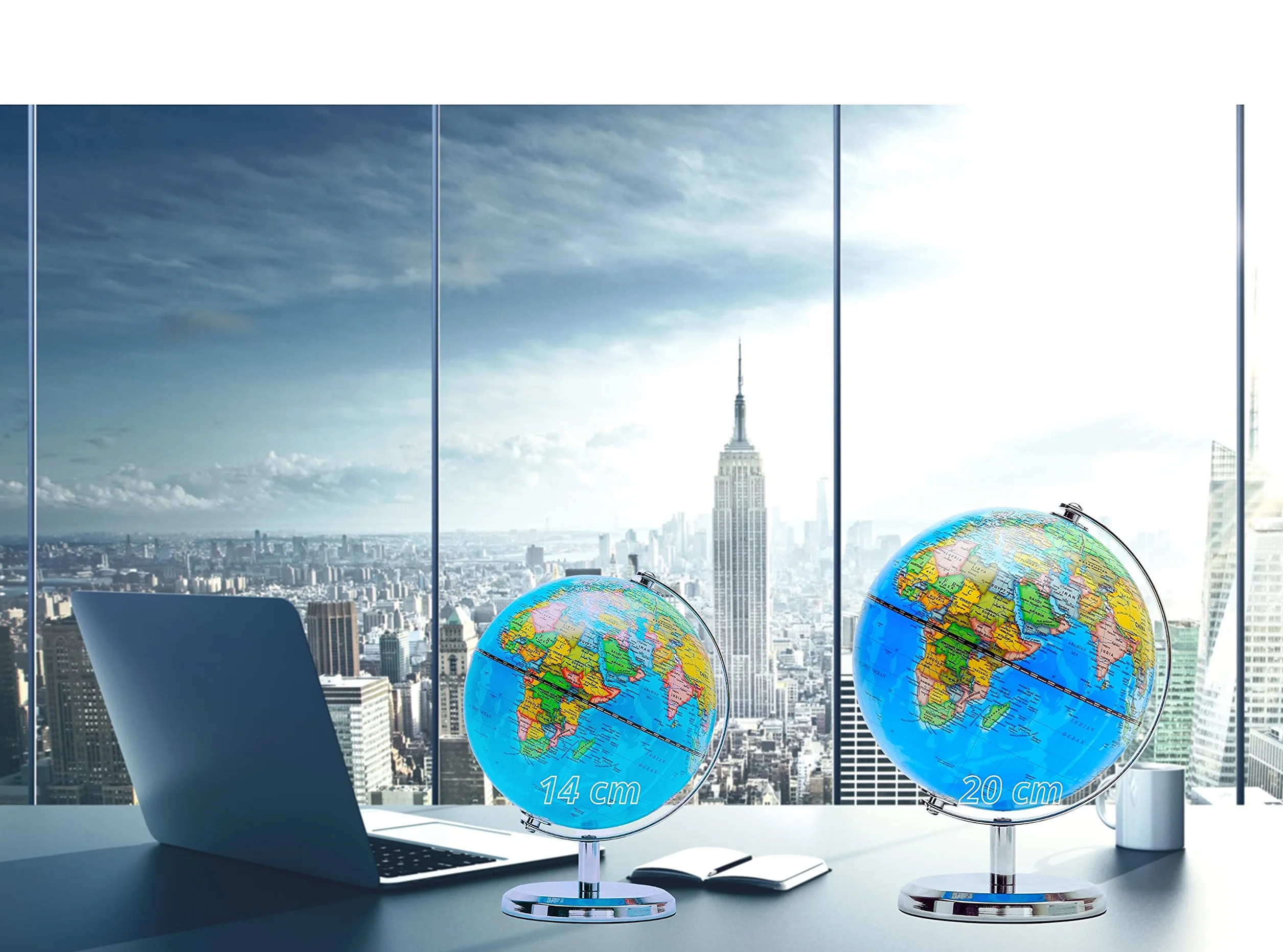 Exerz Globo Terráqueo 20cm - Mapa Político en Inglés - Decoración Educativa y Moderna para Escritorio - Base de Metal (Azul)