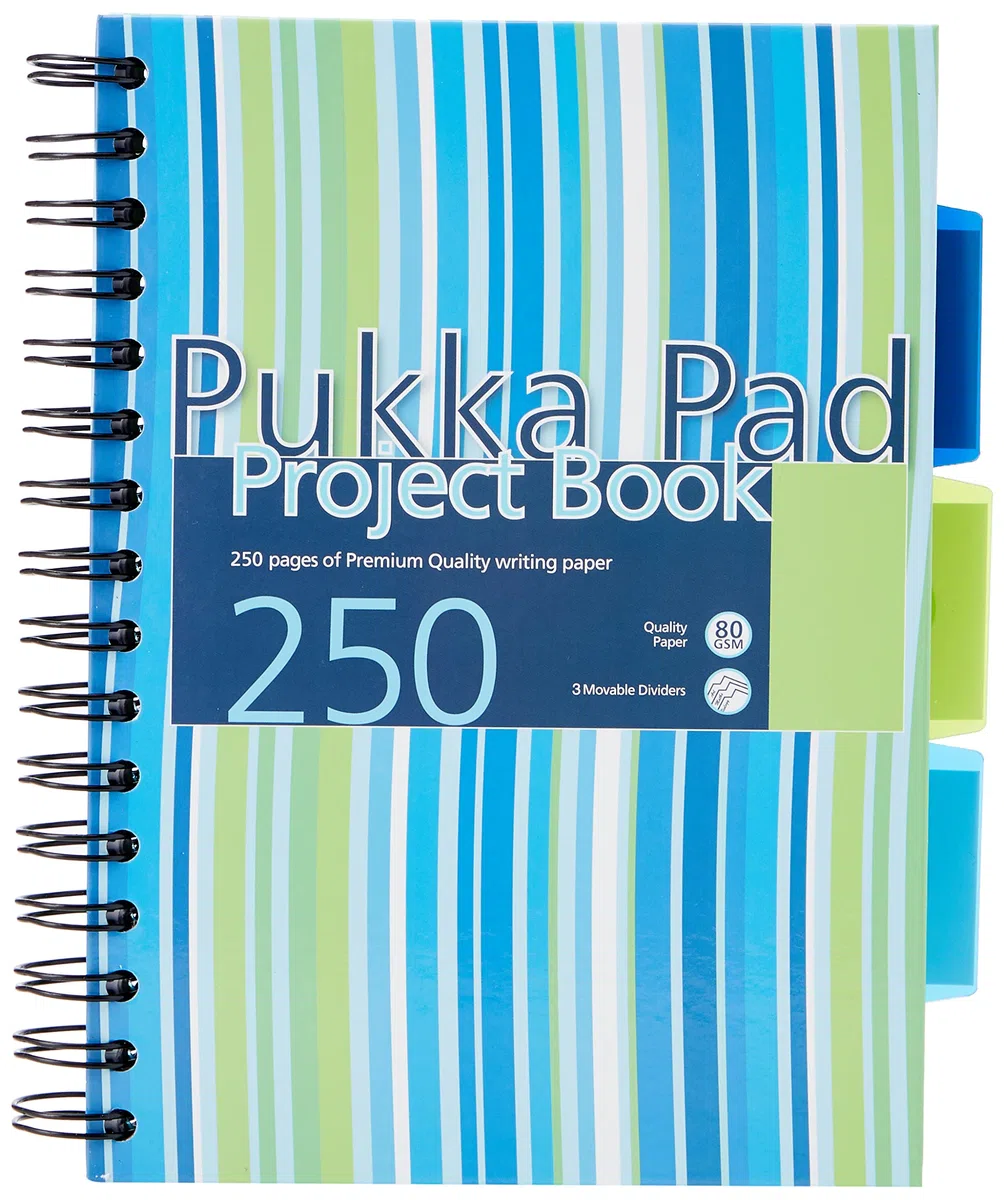 Pukka Pad - Cuaderno de espiral doble de tapa dura (3 unidades, A5, 250 hojas microperforadas, 80 g/m², raya de 8 mm, incluye separadores), diseño de rayas, color rosa y azul, azul y verde (surtido)