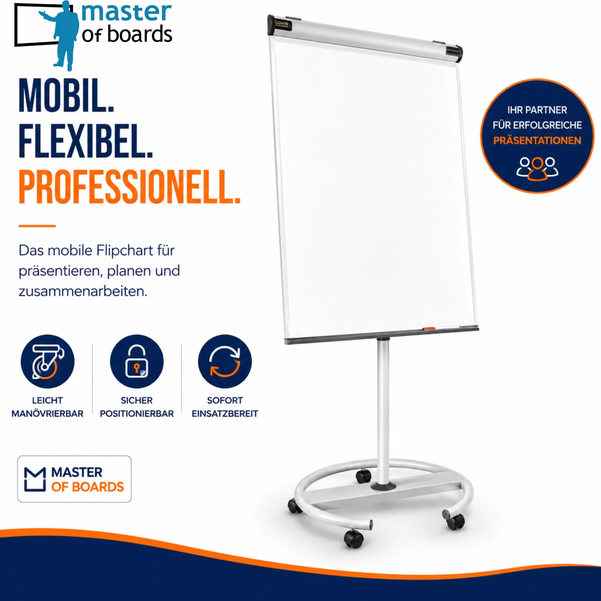 MOB Flipchart Shark Pizarra blanca con soporte de rodillos móvil 73x105 cm | Altura ajustable hasta 210 cm, escribible, Se puede limpiar en seco, magnético | Flip Chart con pizarra magnética rodable y