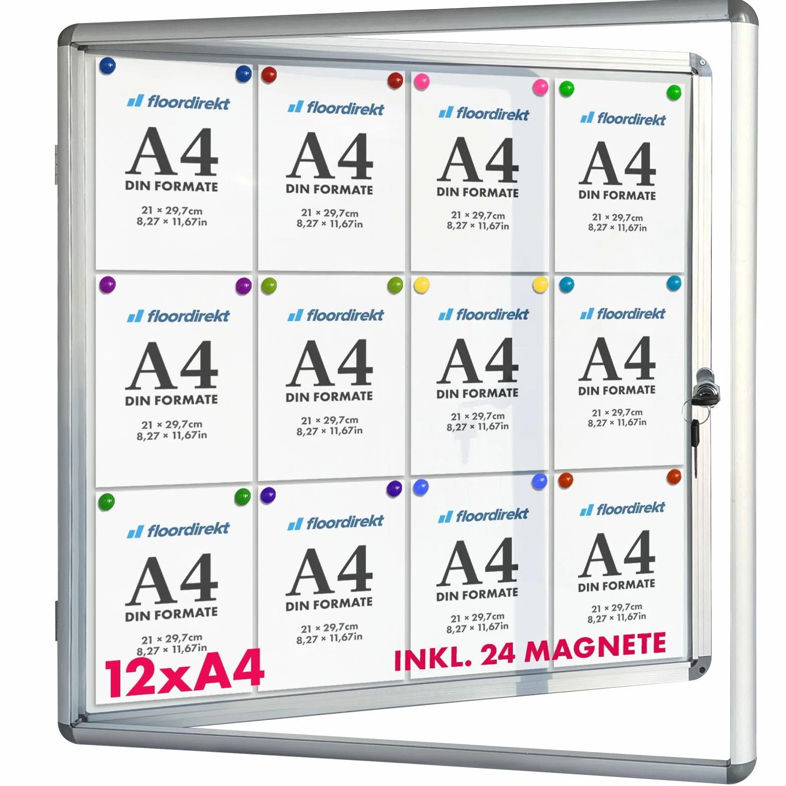 Vitrina Exclusiva con Puerta Doble y Cerradura de Cilindro, Marco de Aluminio para 12 x A4