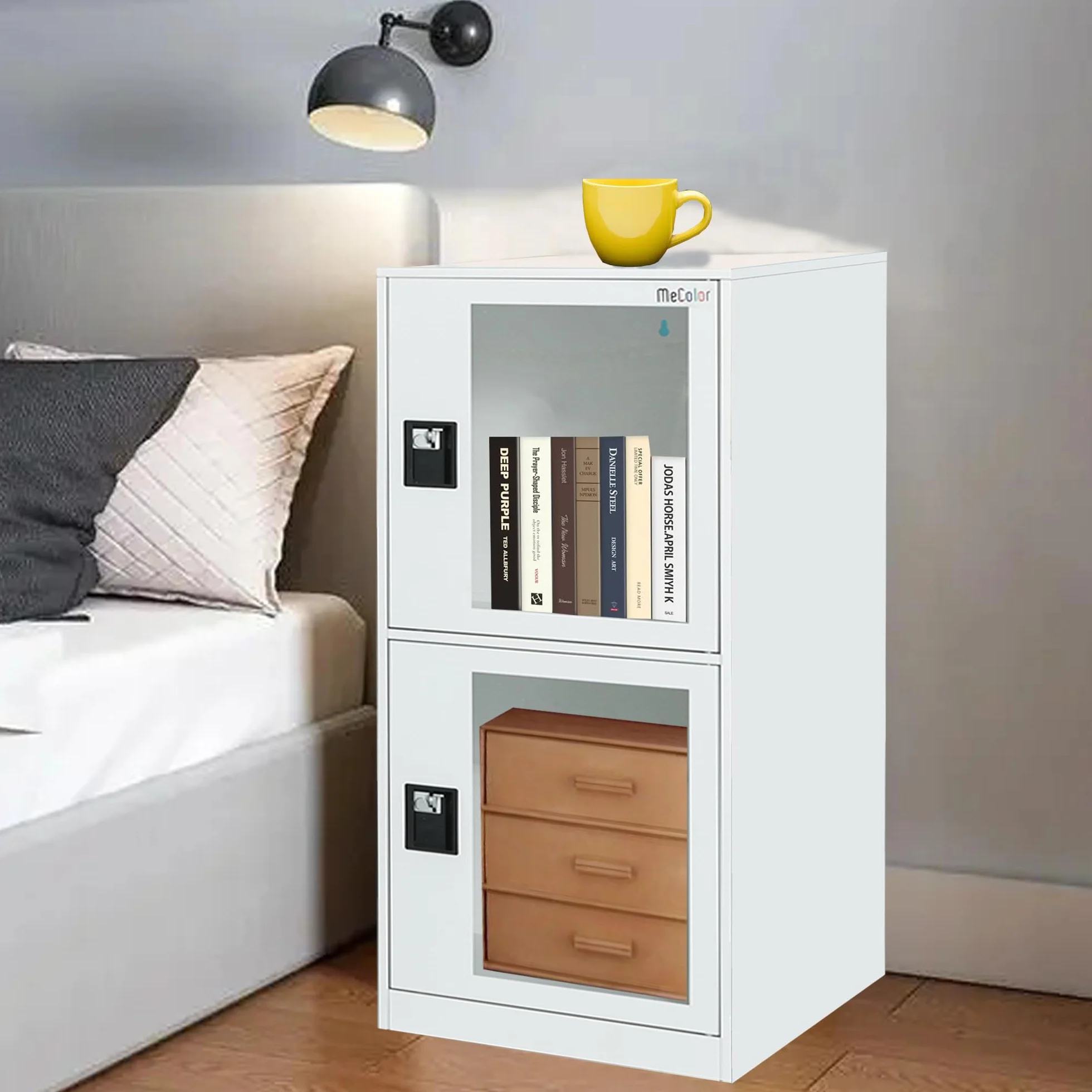 MECOLOR Gabinete de Almacenamiento con candado, pequeño archivador de Oficina, Armario de Almacenamiento de Metal para Sala de Estar, Gimnasio (Blanco Completo, G2V)