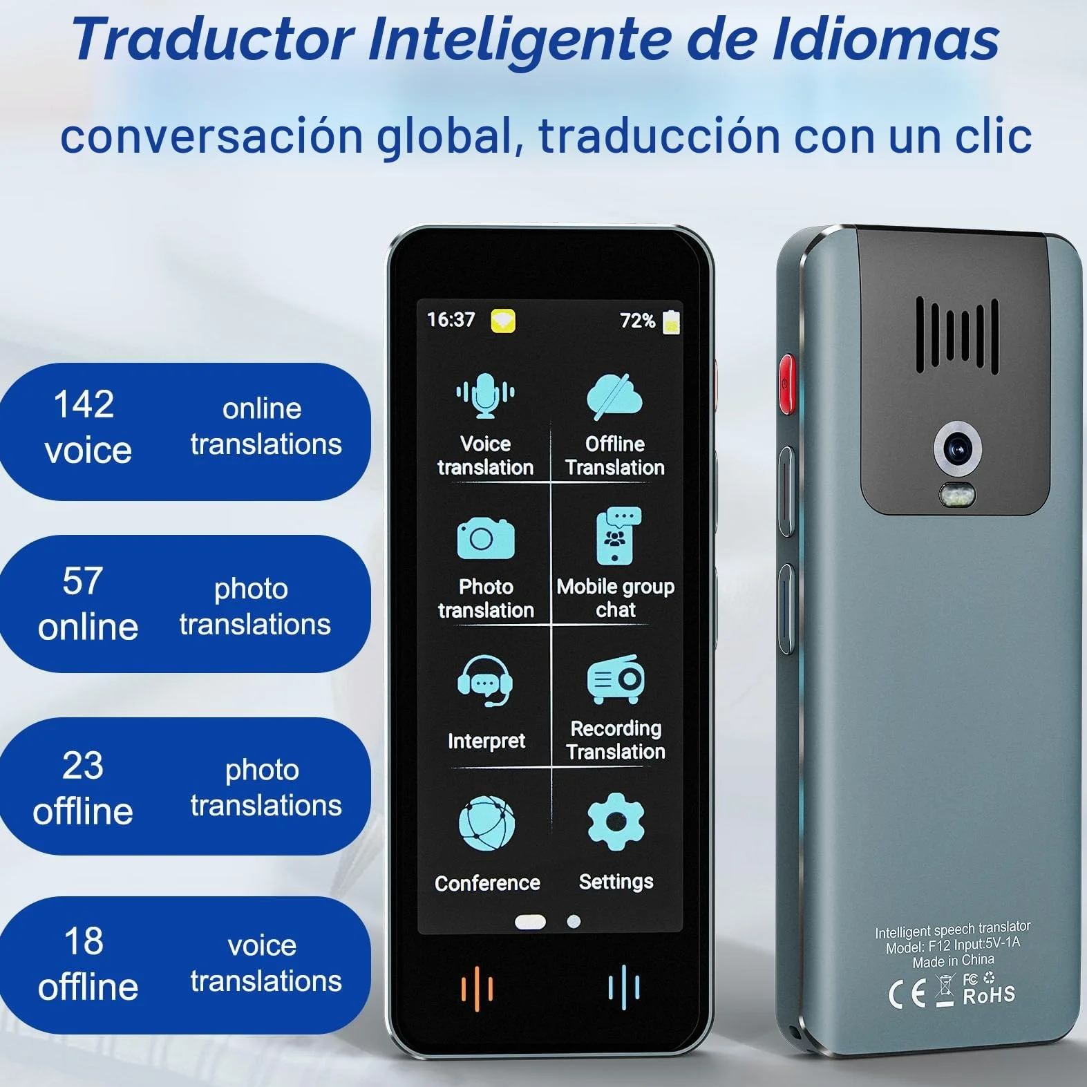 Dispositivo de Traducción de idiomas, traductor AI Inteligente de 142 Idiomas,Traducción fuera de línea y traducción bidireccional instantánea, para aprender, como regalos de negocios o de viajes