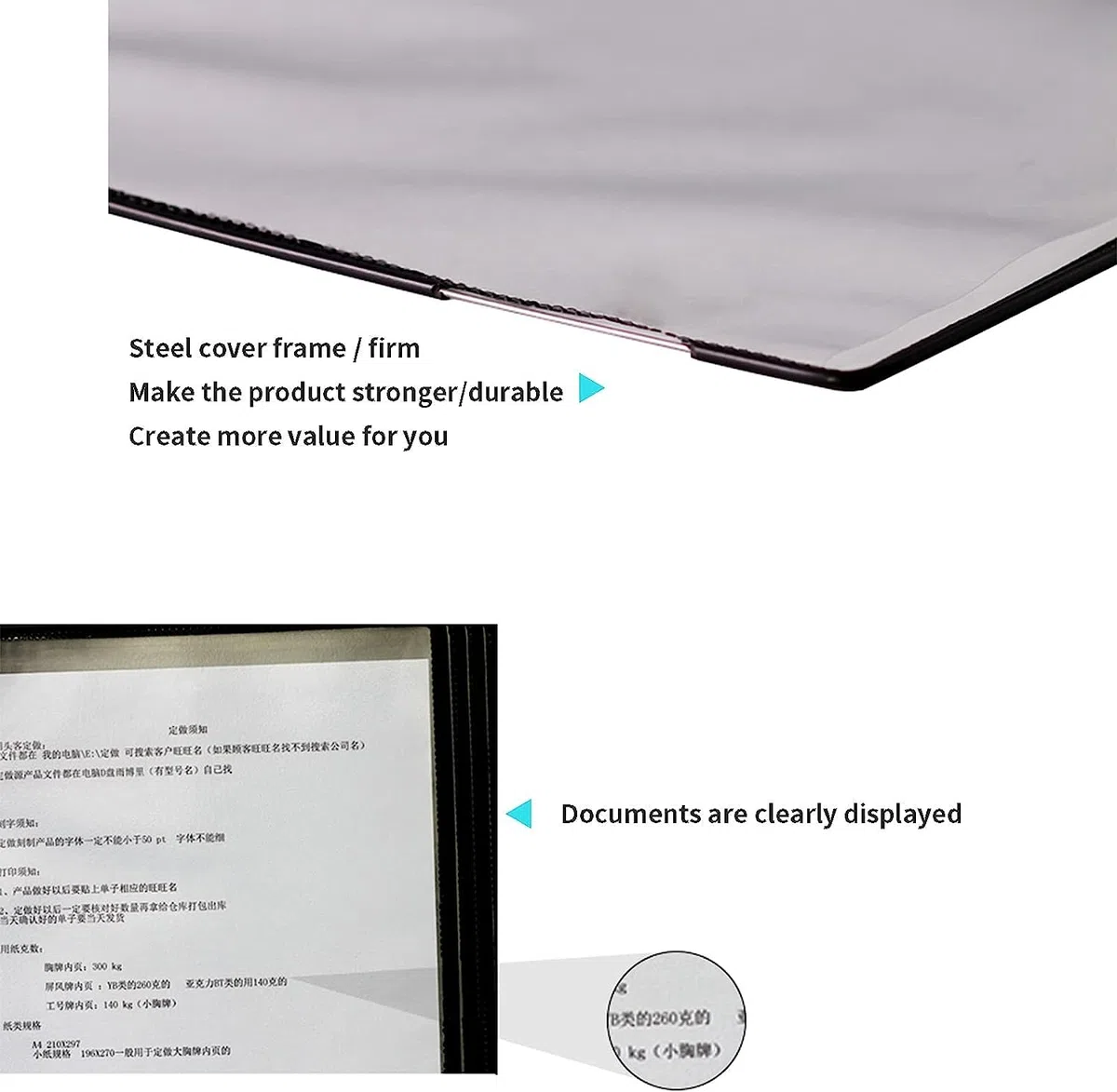 Portadocumentos de pared, Sistema de visualización de panel de doble cara de 10, carpeta montada en la pared, archivador que pasa páginas, tamaño A4/carta, utilizado for mostrar menús/catálogos/inform
