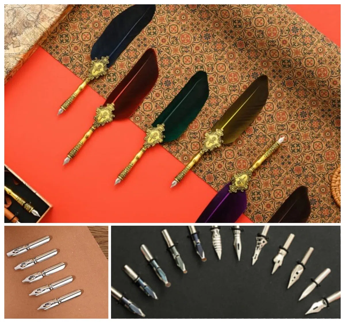 Joyeee Quill Pen Juego de caligrafía, con bolígrafo de inmersión de madera, puntas, sello de cera de sellado, soporte de bolígrafo de inmersión, tinta negra, azul marino