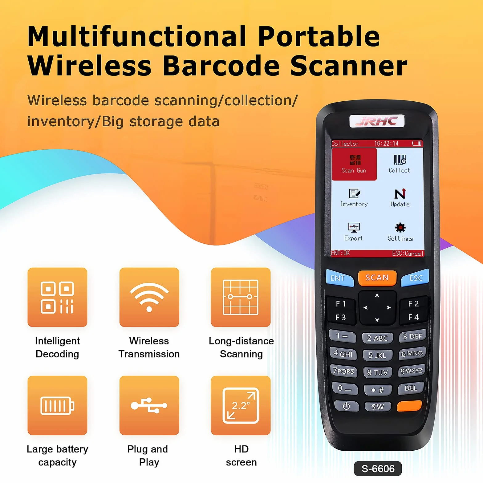 2D Escáner de código de Barras con Receptor USB inalámbrico de 2,4 GHz, Lector de código de Barras con Pantalla LCD Multifuncional de 2,8 Pulgadas.