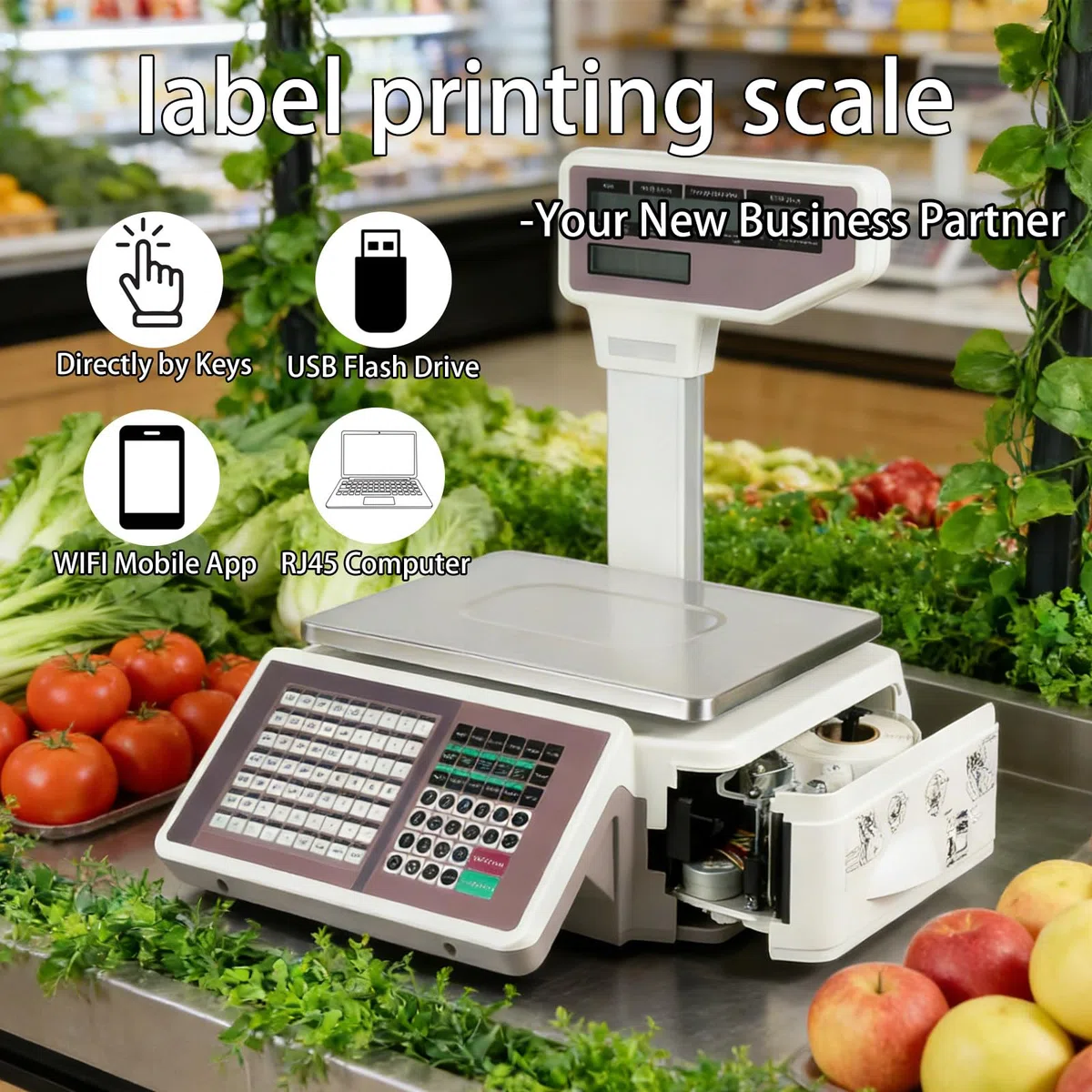 Báscula Comercial con Ticket, Báscula Digital de Alta Precisión 10g, Pantalla Doble Cara, 63 Teclas, para Supermercados y Comercios