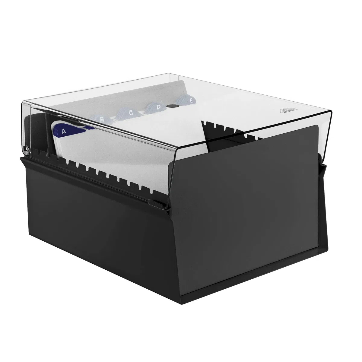 Acrimet Porta Tarjeta 6"x 9", Organizador de Fichas, Base de Metal Resistente (Incluye Índice AZ y un Divisor de Plastico) (Base Negro y Tapa de Plástico Transparente)