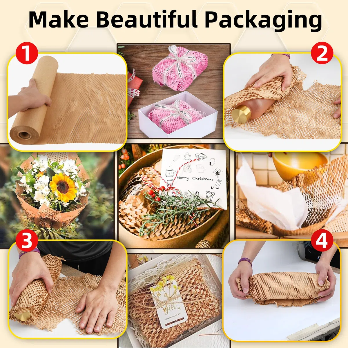Rollo de papel de embalaje de panal de abeja de 15 x 3780 pulgadas (96 m) – Papel de regalo ecológico con calcomanías frágiles y de etiquetado, guantes, papel de panal reciclable | Alternativa al