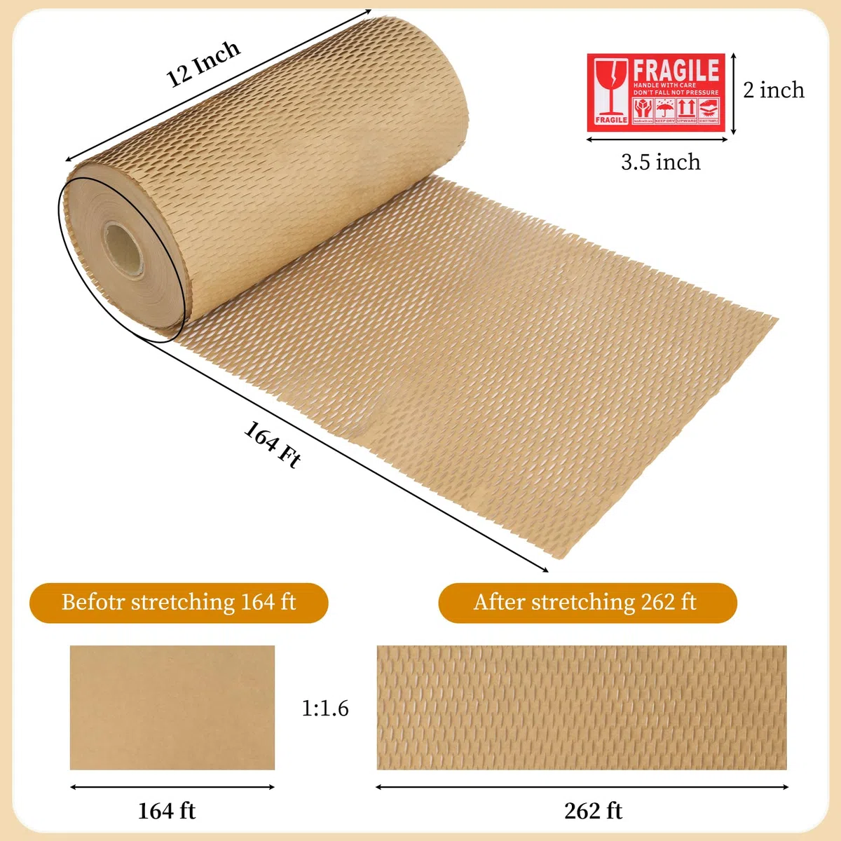 Paquete de 2 papeles de embalaje de panal marrón, 30 cm x 50 m, papel de embalaje ecológico para mover papel de panal reciclable, suministros de mudanza, papel de burbujas con 100 etiquetas adhesivas