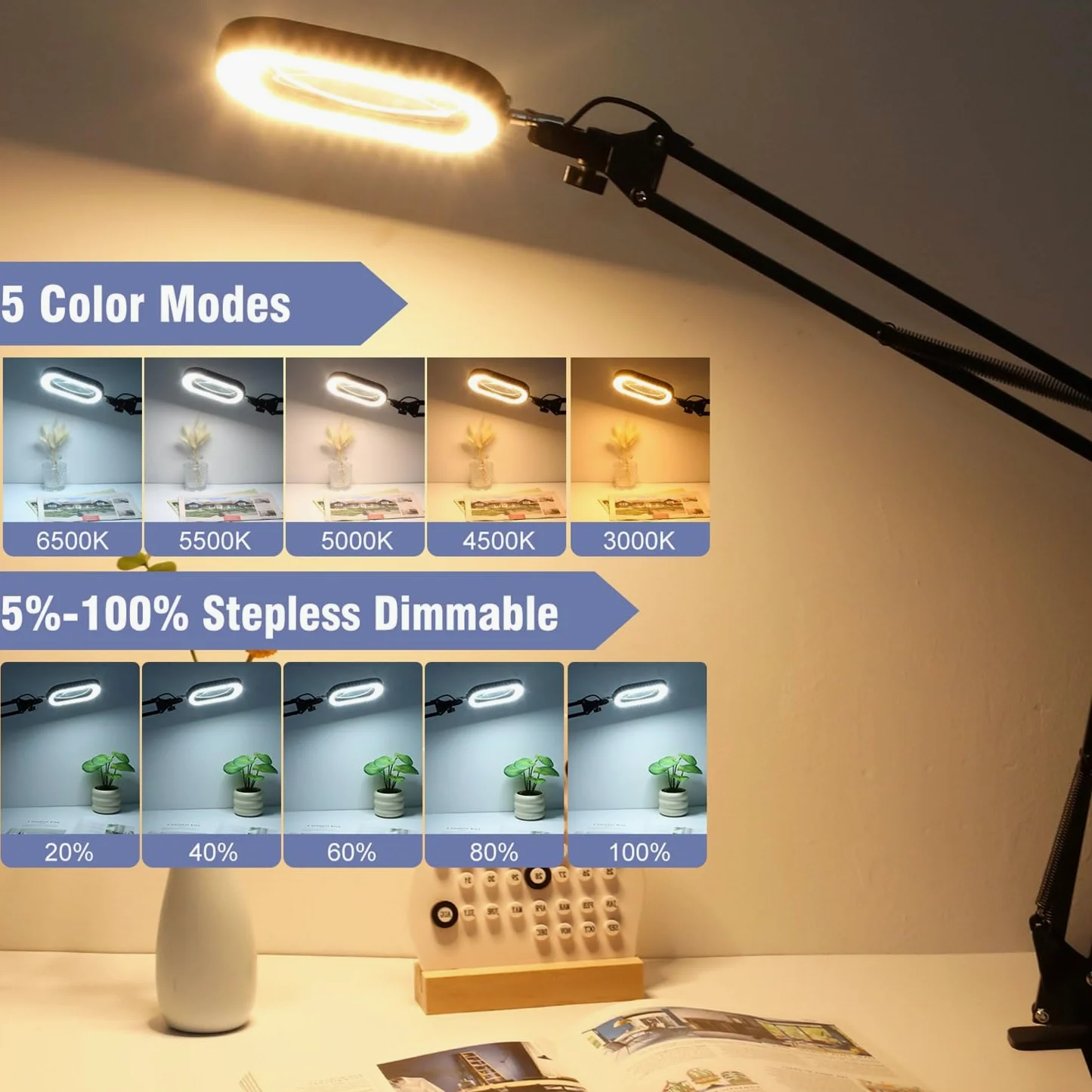 Lupa de 10 unidades con luz y pinza, lupa de cristal real LED con luz y soporte, 5 modos de color regulable para personas mayores, lupa de brazo giratorio manos libres para manualidades, aficiones