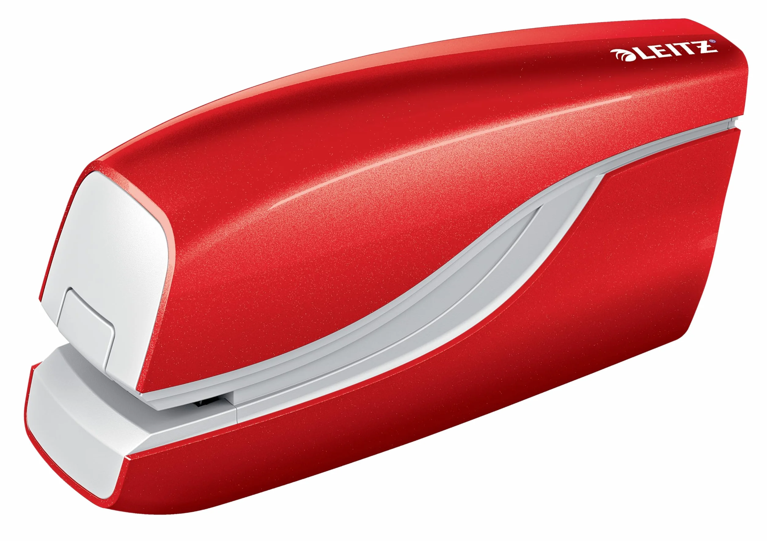 Leitz WOW Grapadora Eléctrica, Hasta 10 Hojas a la Vez, Funciona con Pilas, Rojo Metálico, Incluye 1000 Grapas E1, 55661026