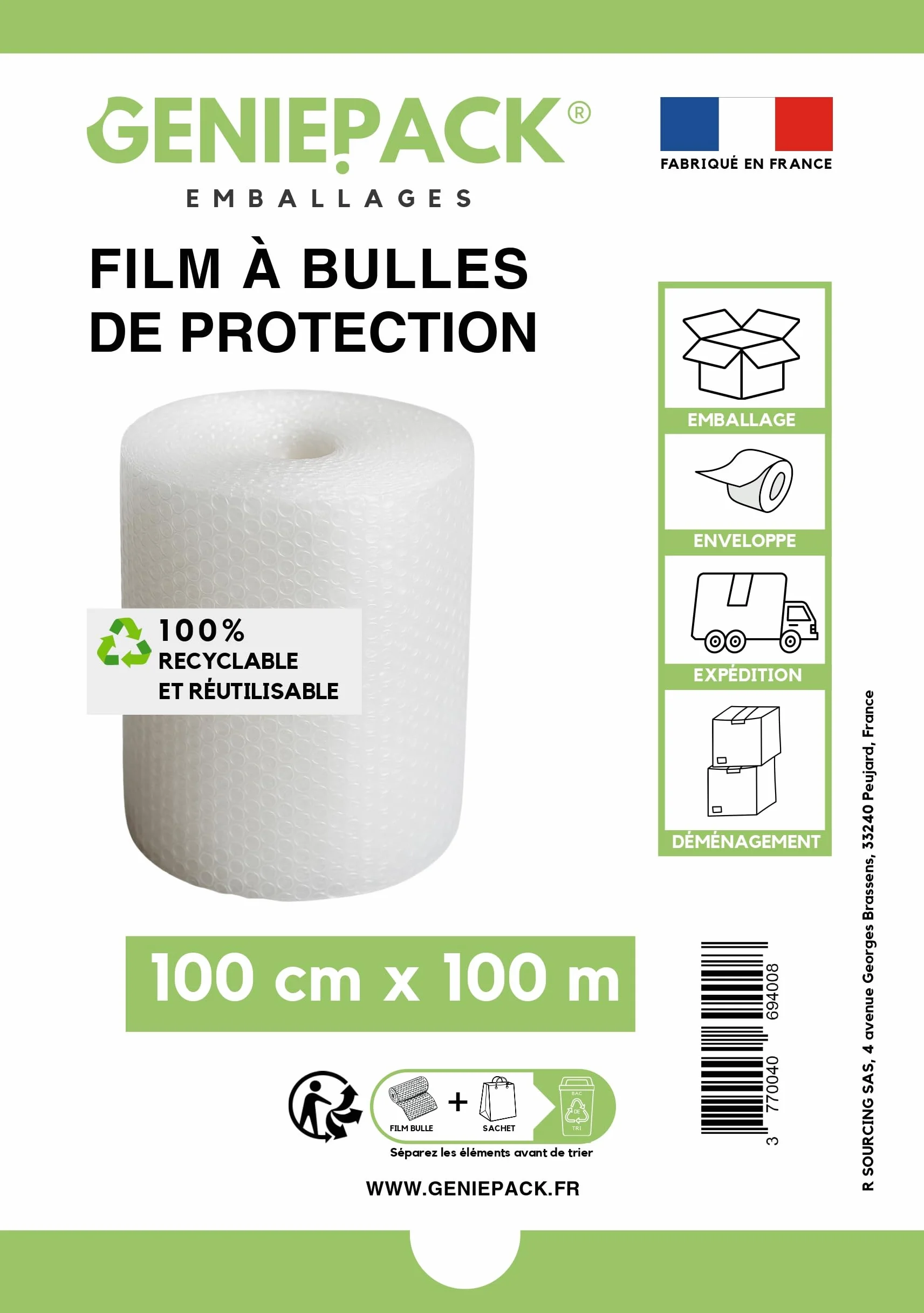Rollo de película de burbuja/papel de burbuja profesional, 100 cm x 100 m, fabricado en Francia, 60 micras – Burbujas de 10 mm – Protección embalaje paquete de mudanza – antigolpes de alta calidad