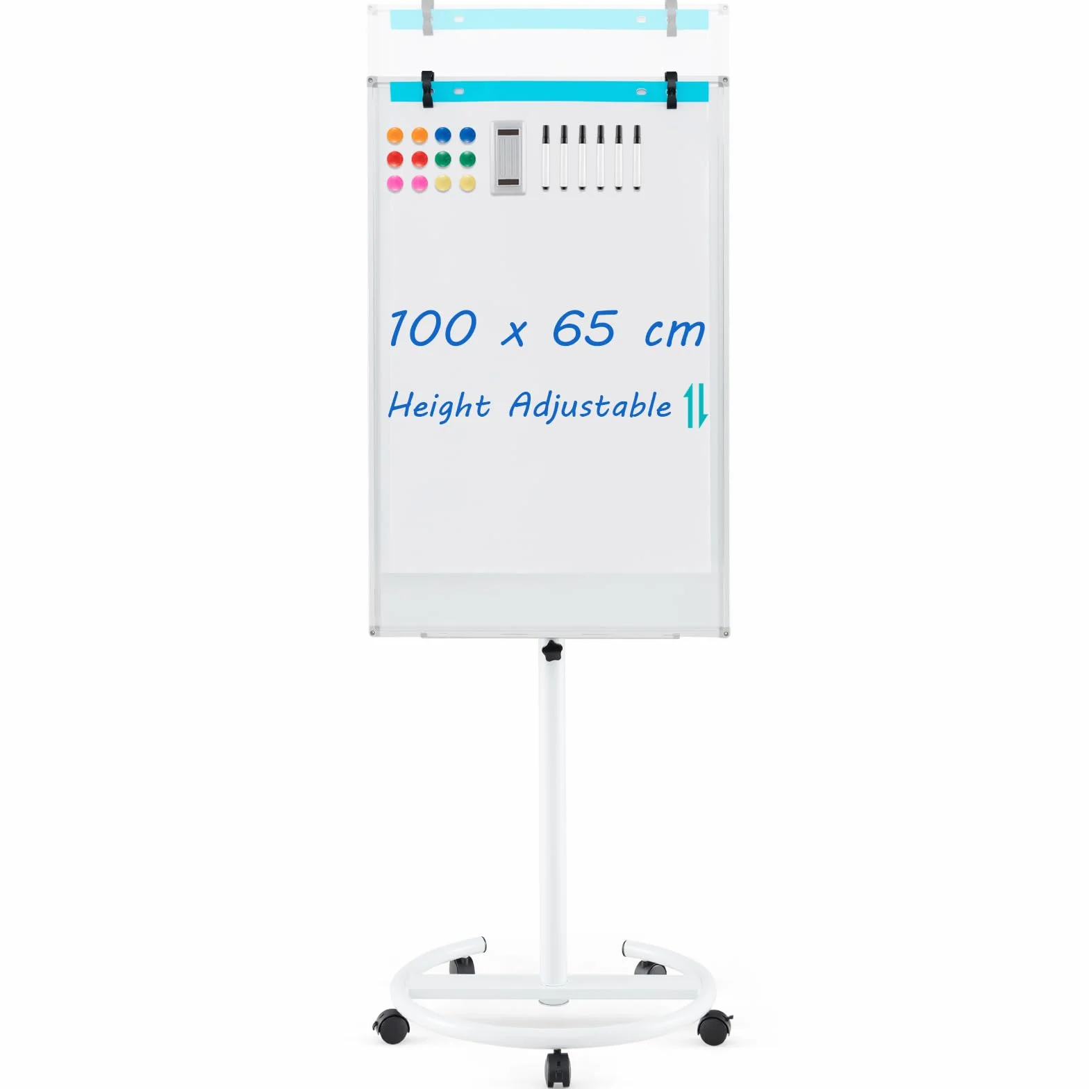 GOPLUS 100 x 65 cm Pizarra Blanca Móvil, Pizarra Blanca con Soporte Altura Ajustable, 1 Borrador Seco, 2 Ganchos para Papel, 6 Marcadores Borrables y 12 Imanes, Pizarra con 25 Hojas de Papel (Blanco)
